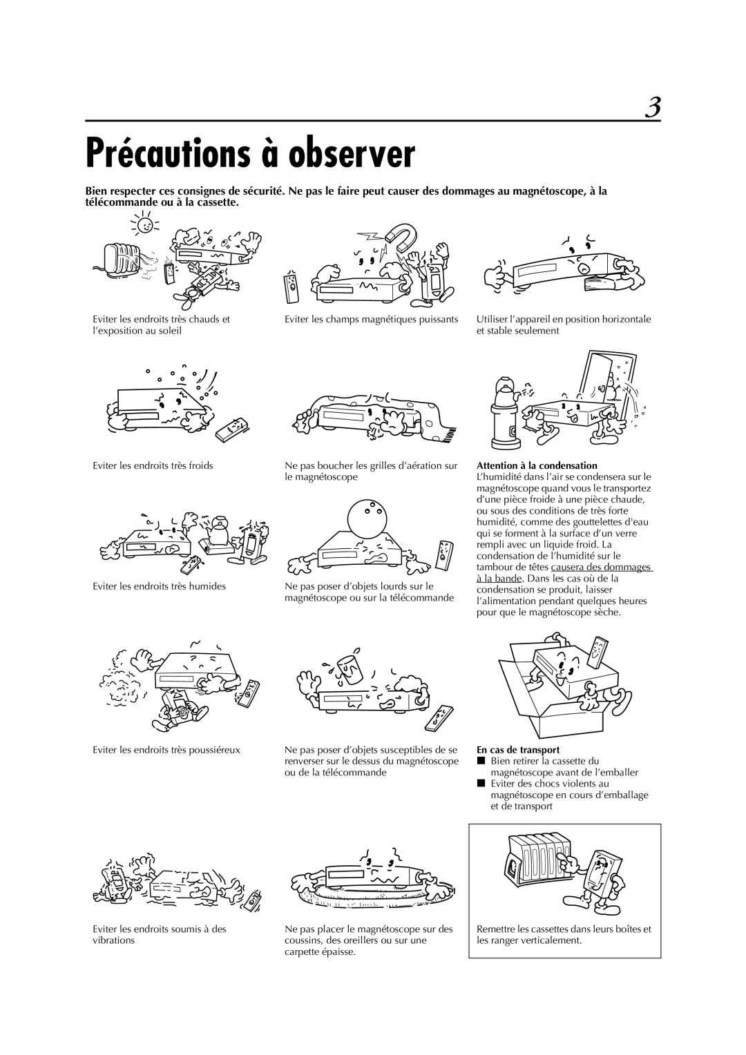 JVC HR-J781MS, HR-J780MS manual Précautions à observer, En cas de transport 