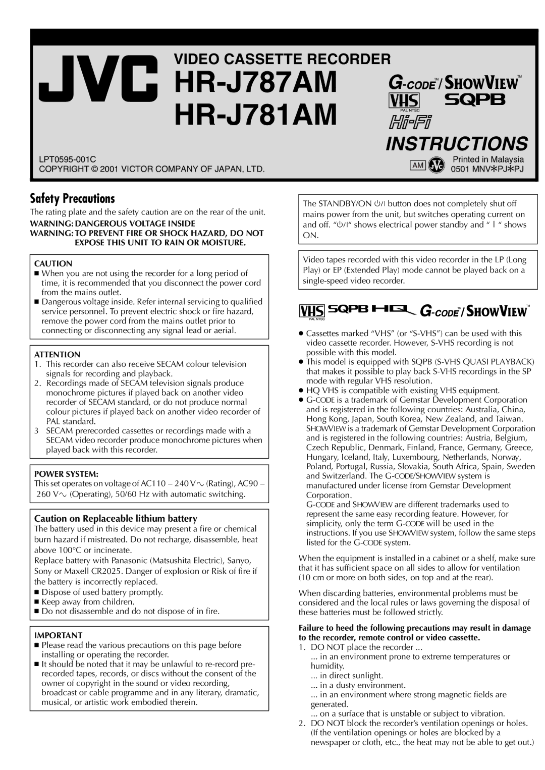 JVC HR-J781AM, HR-J787AM manual Safety Precautions, Power System 