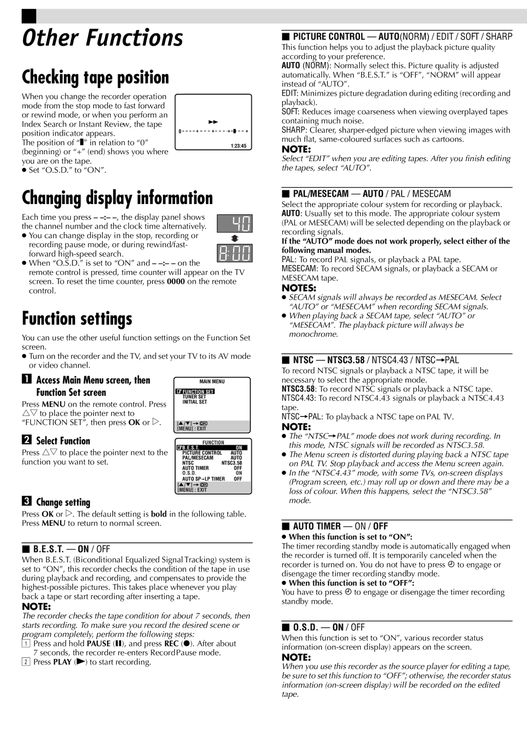 JVC HR-J787AM, HR-J781AM manual Other Functions, Checking tape position, Function settings 