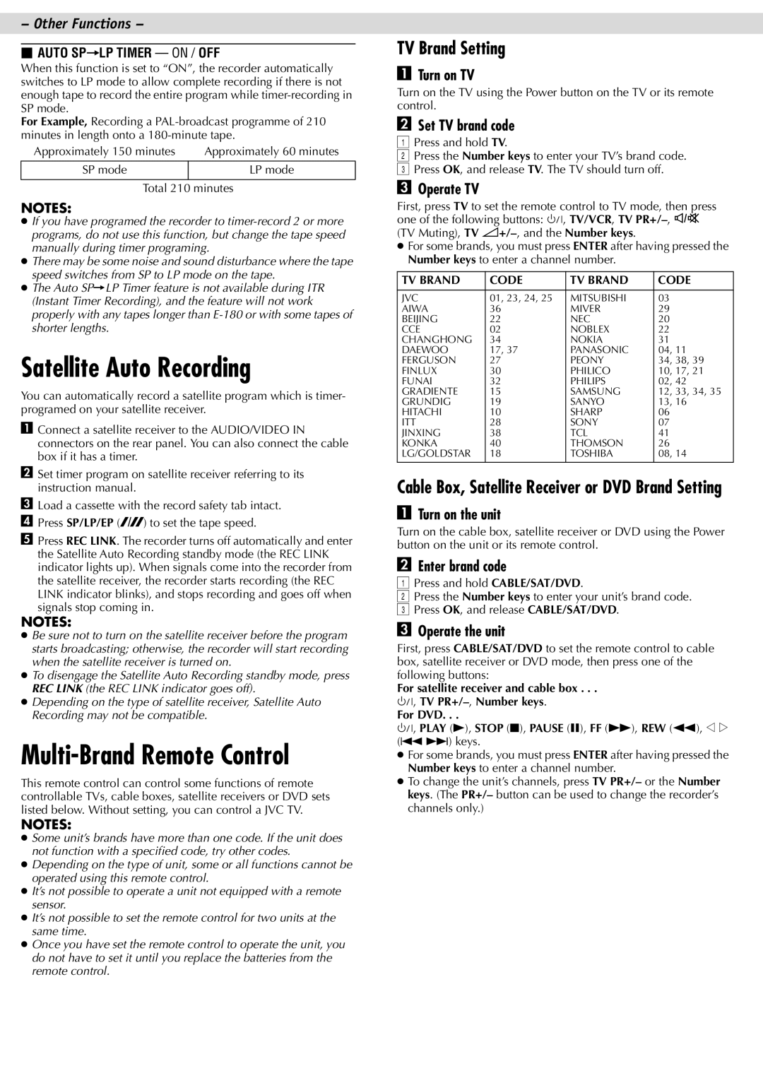 JVC HR-J781AM, HR-J787AM manual Satellite Auto Recording, Multi-Brand Remote Control, TV Brand Setting 