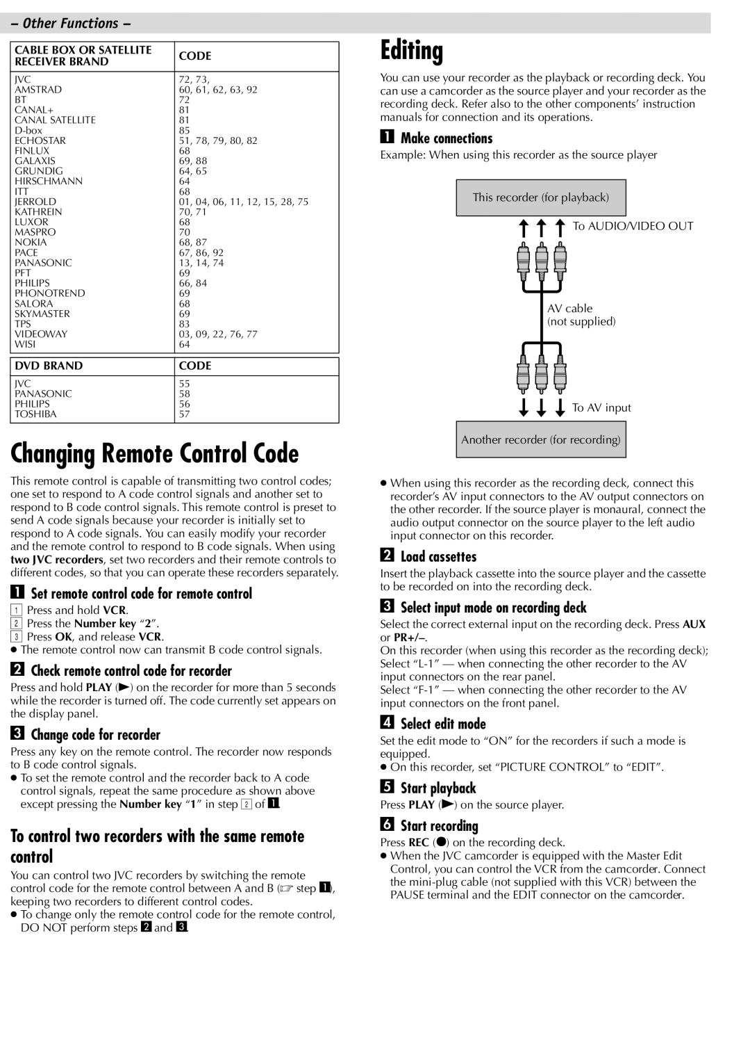 JVC HR-J787AM, HR-J781AM manual Editing, To control two recorders with the same remote control 