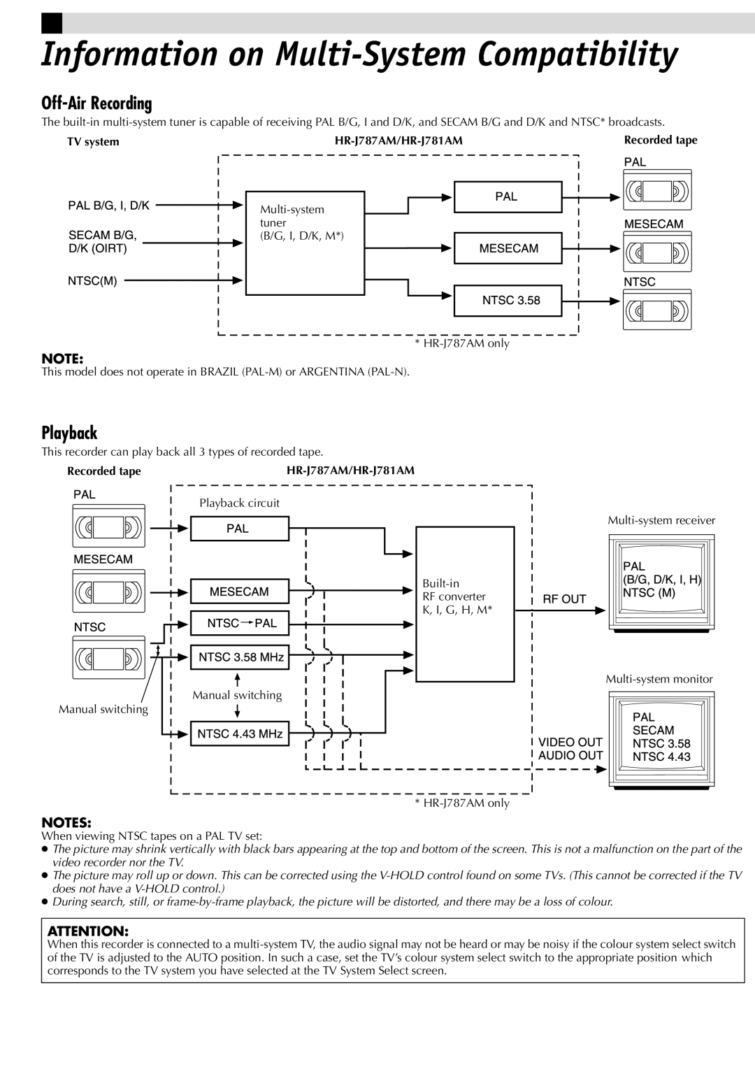 JVC manual Information on Multi-System Compatibility, Off-Air Recording, Playback, TV system HR-J787AM/HR-J781AM 