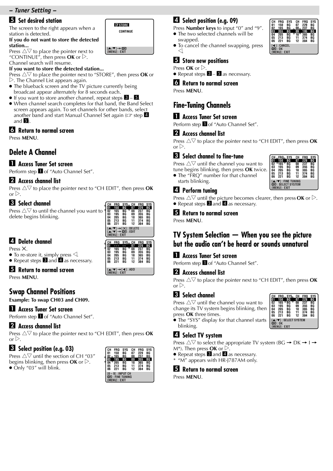 JVC HR-J781AM, HR-J787AM manual Delete a Channel, Fine-Tuning Channels, Swap Channel Positions 