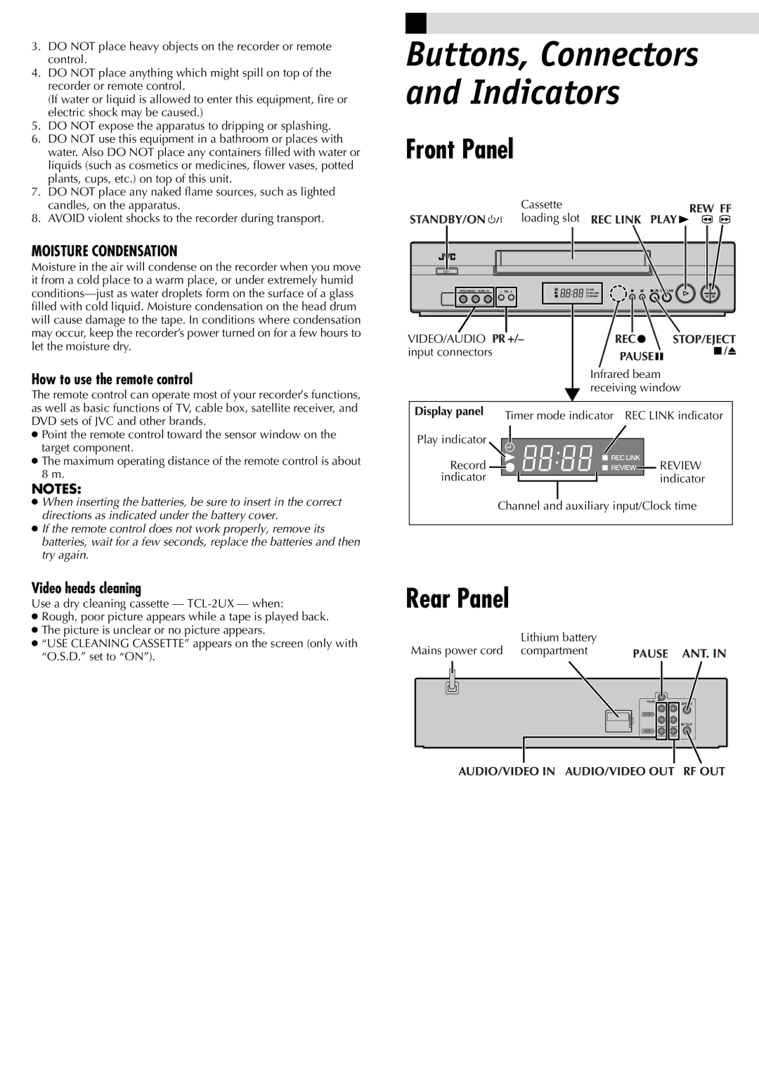 JVC HR-J787AM, HR-J781AM manual Front Panel, Rear Panel, How to use the remote control, Video heads cleaning, Display panel 