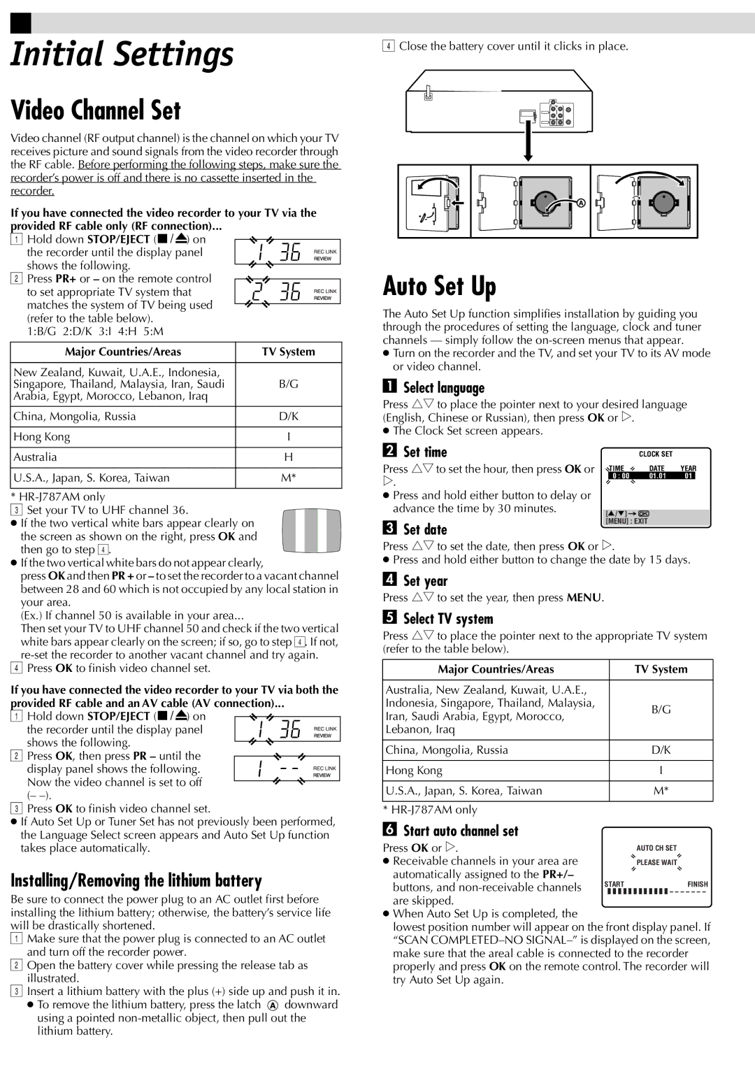 JVC HR-J787AM, HR-J781AM manual Initial Settings, Video Channel Set, Auto Set Up, Installing/Removing the lithium battery 