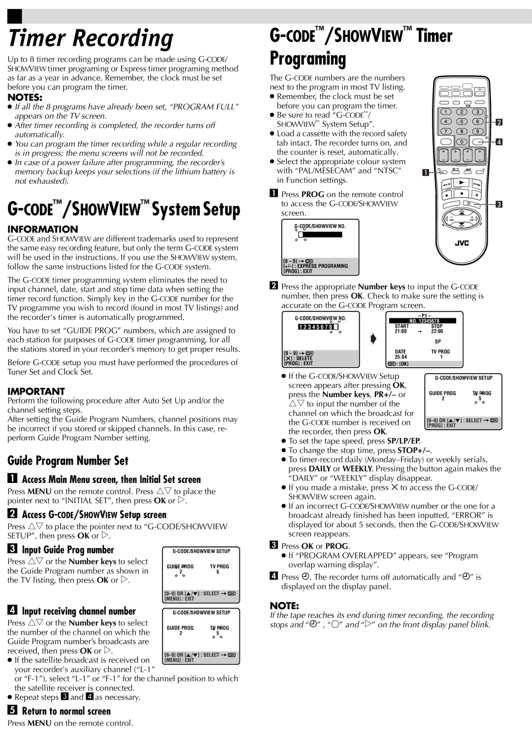 JVC HR-J787AM manual Timer Recording, Guide Program Number Set, Access G-CODE/SHOWVIEWSetup screen, Input Guide Prog number 