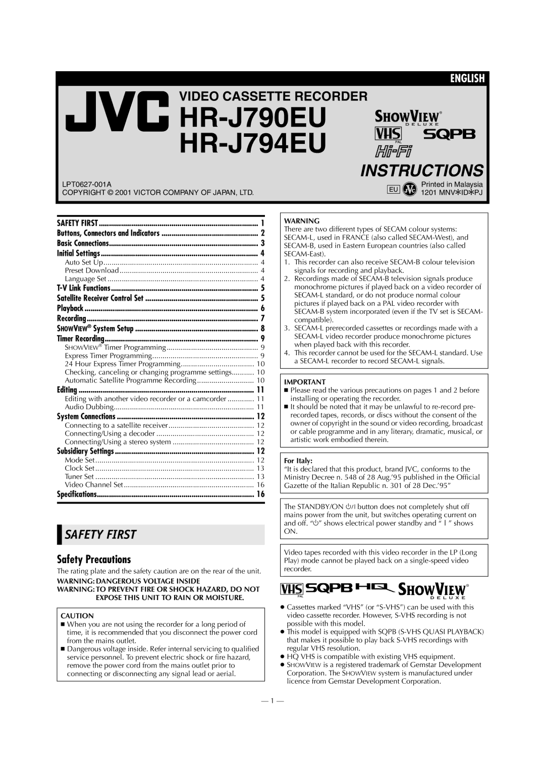 JVC HR-J790EU specifications Safety Precautions, For Italy 