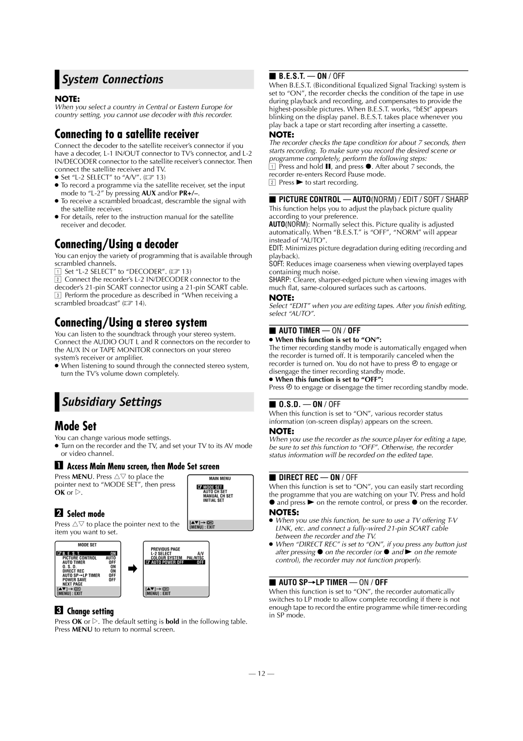 JVC HR-J790EU specifications System Connections, Subsidiary Settings 