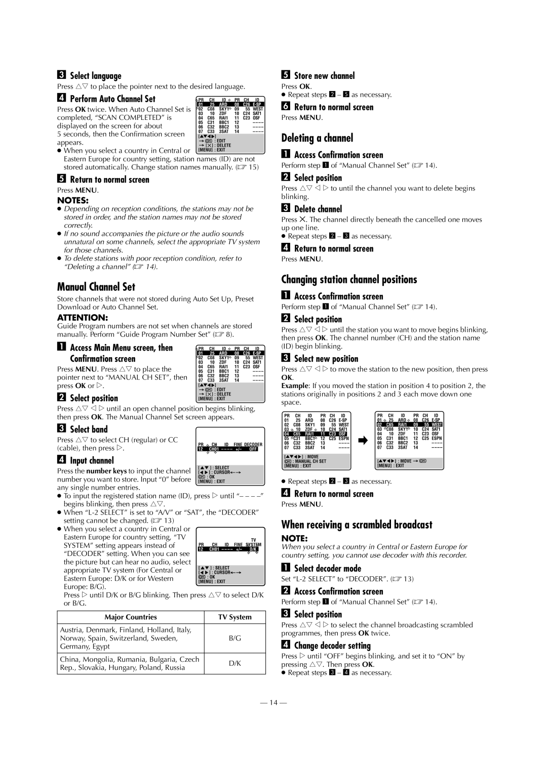 JVC HR-J790EU specifications Manual Channel Set, Deleting a channel, Changing station channel positions 