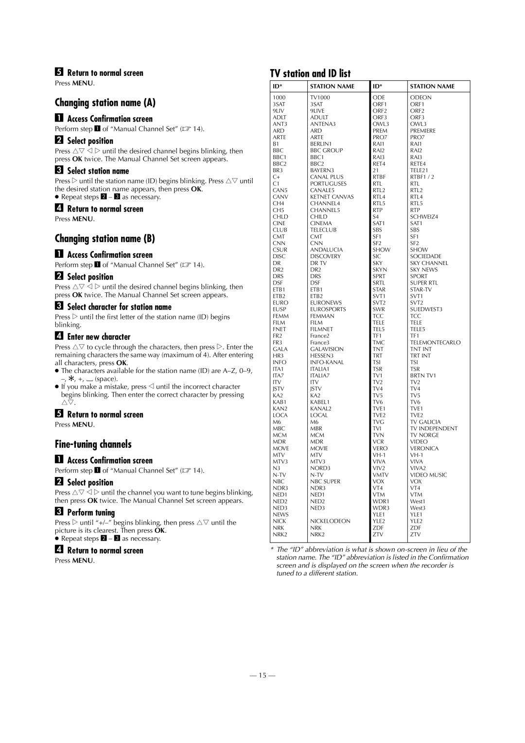 JVC HR-J790EU specifications Changing station name a, Changing station name B, Fine-tuning channels, TV station and ID list 