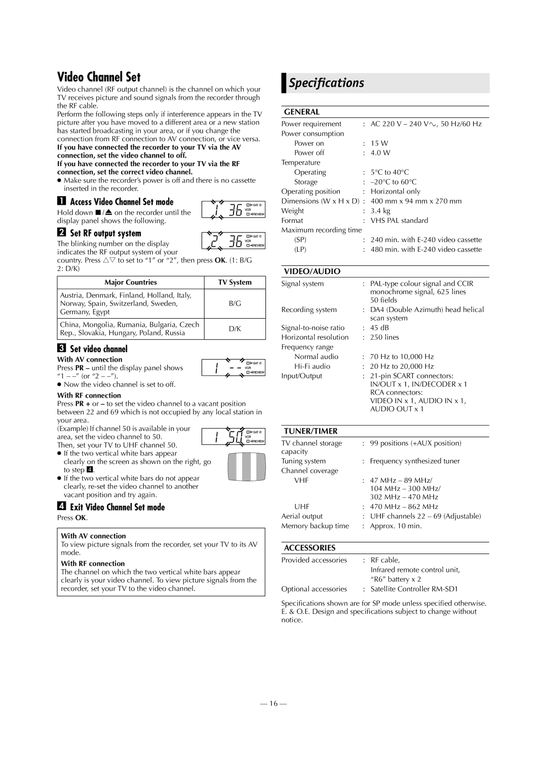 JVC HR-J790EU specifications Video Channel Set, Specifications 