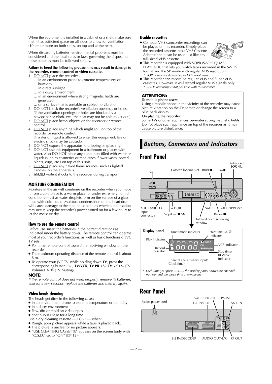 JVC HR-J790EU specifications Front Panel, Rear Panel, How to use the remote control, Video heads cleaning, Usable cassettes 