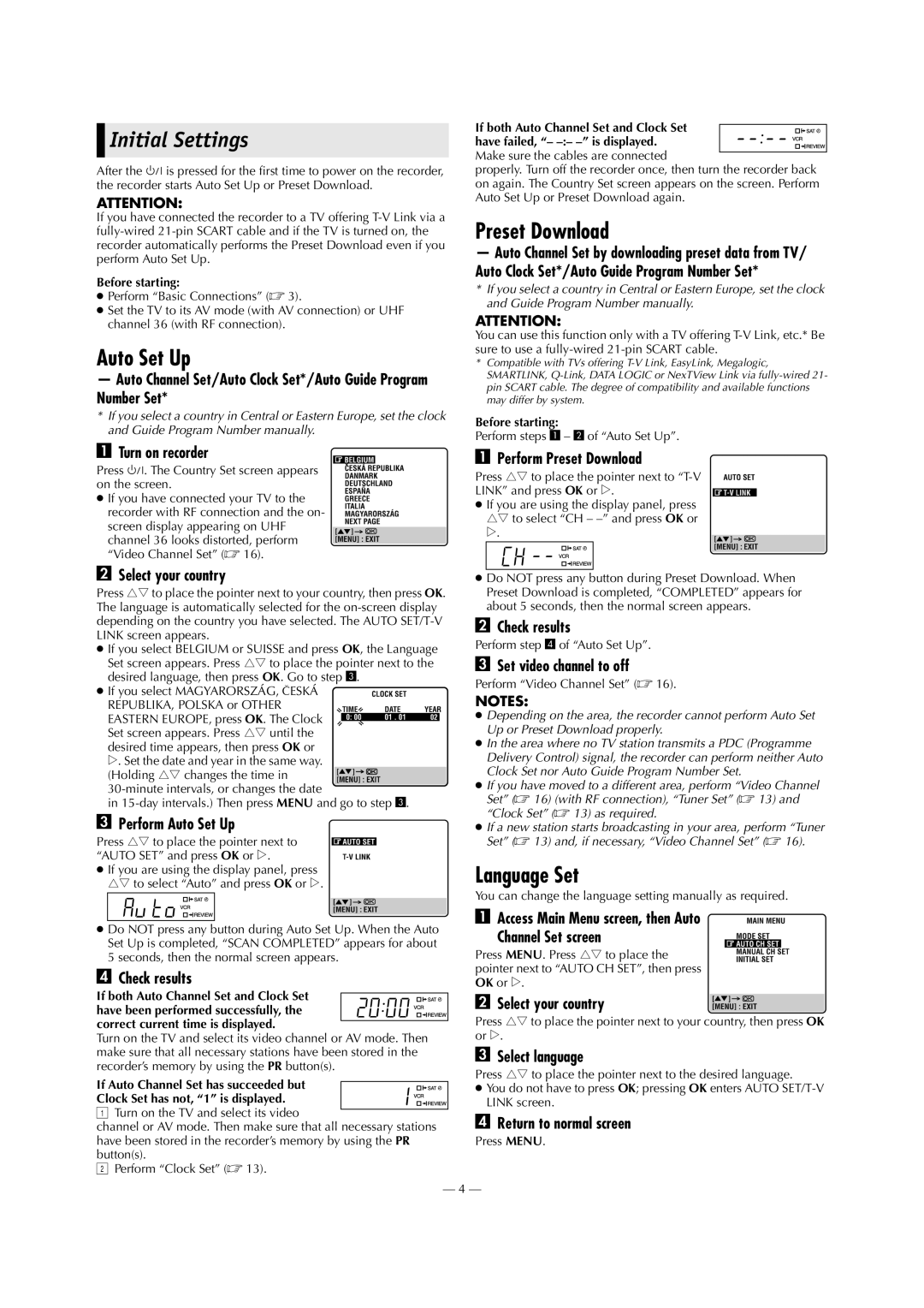 JVC HR-J790EU specifications Initial Settings, Auto Set Up, Preset Download, Language Set 