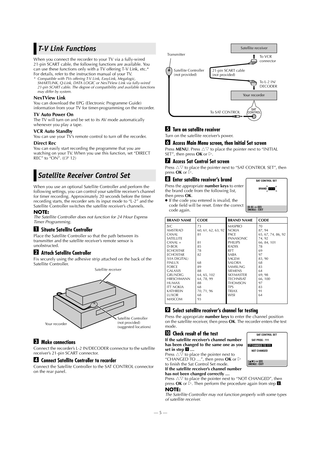 JVC HR-J790EU specifications Link Functions, Satellite Receiver Control Set 