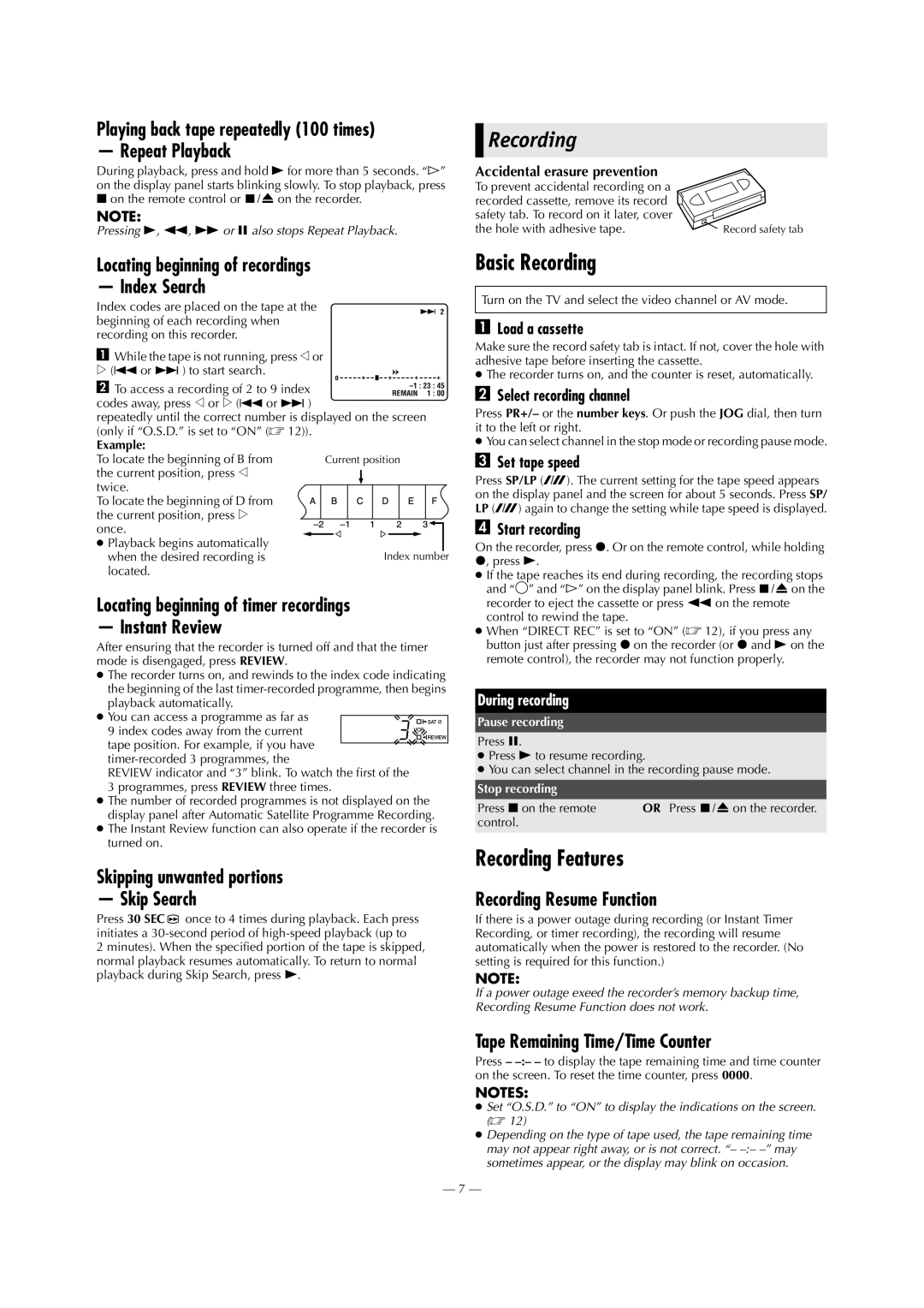 JVC HR-J790EU specifications Basic Recording, Recording Features 