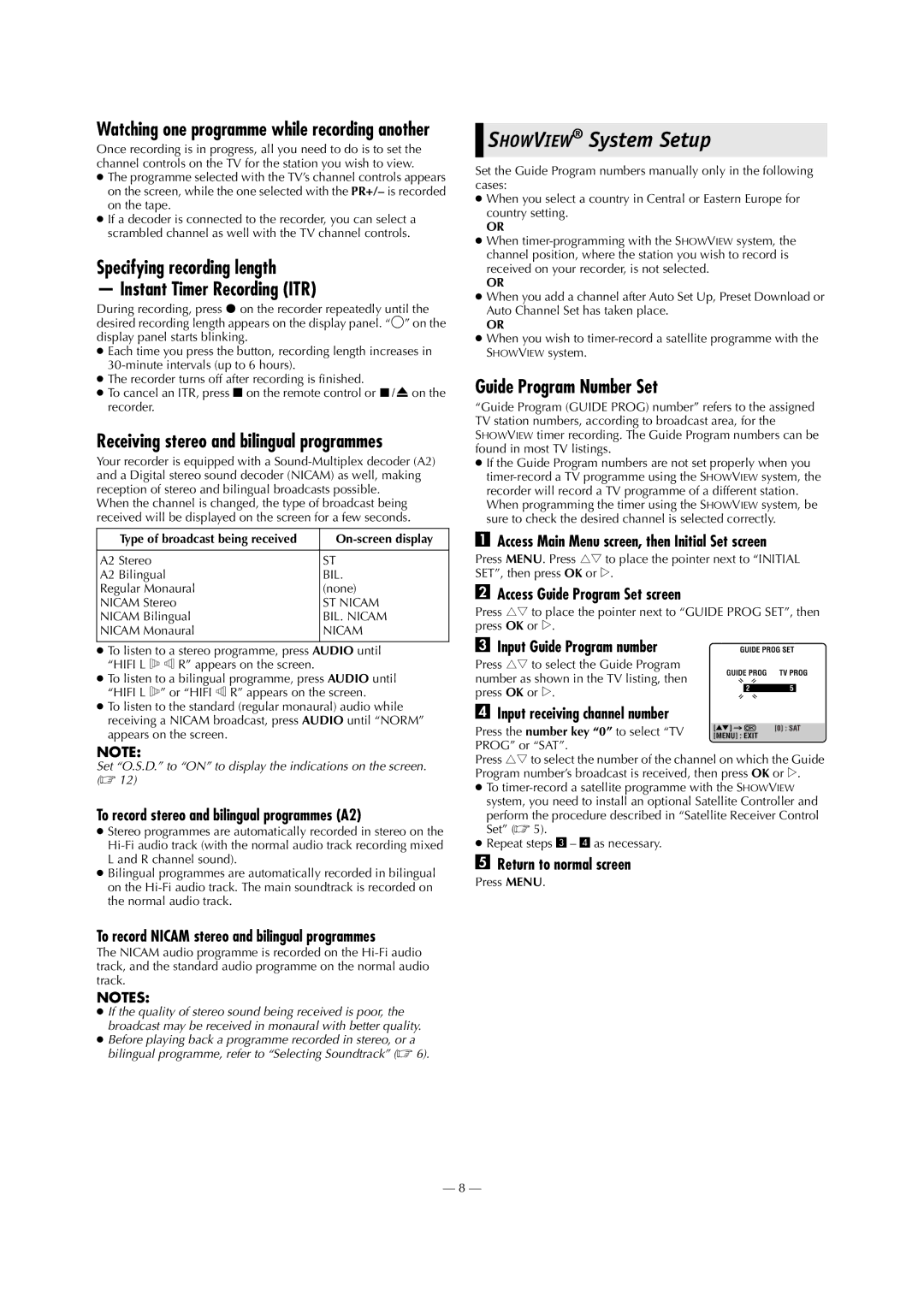 JVC HR-J790EU Showview System Setup, Specifying recording length Instant Timer Recording ITR, Guide Program Number Set 