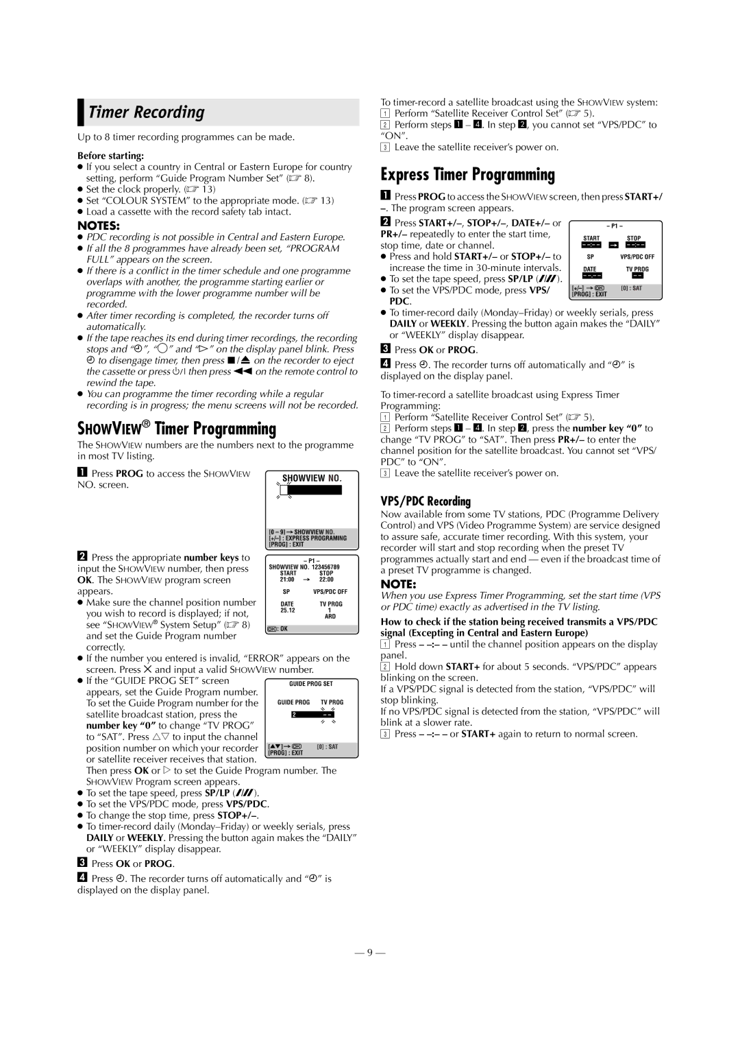 JVC HR-J790EU specifications Timer Recording, Showview Timer Programming, Express Timer Programming, VPS/PDC Recording 