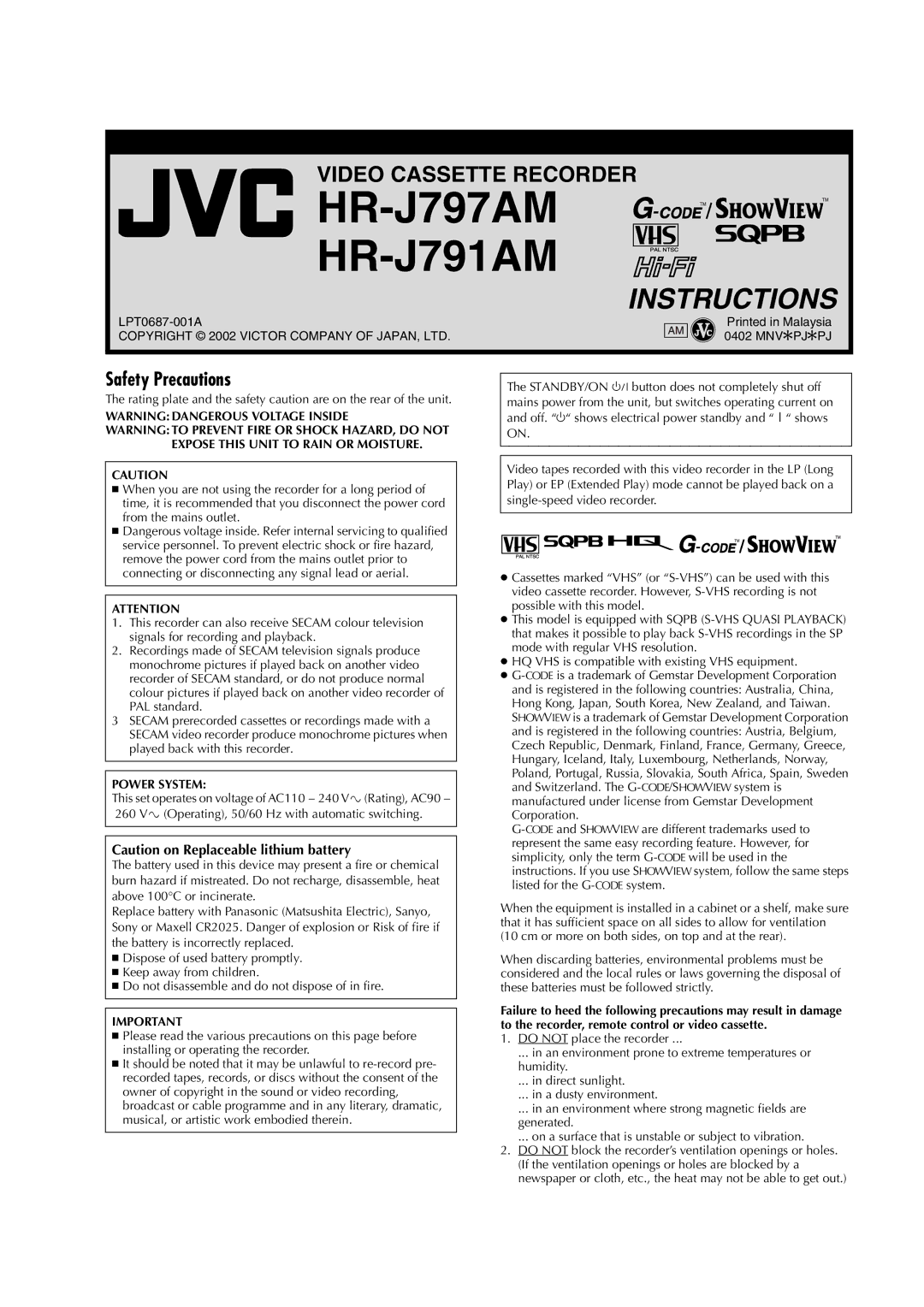 JVC HR-J797AM, HR-J791AM manual Safety Precautions, Power System 