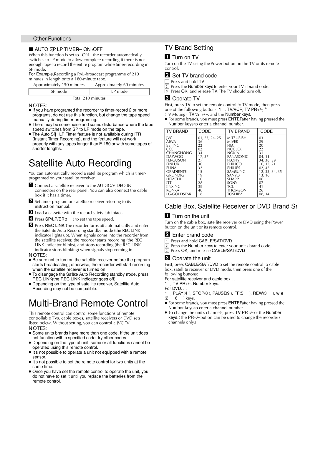 JVC HR-J797AM, HR-J791AM manual Satellite Auto Recording, Multi-Brand Remote Control, TV Brand Setting 