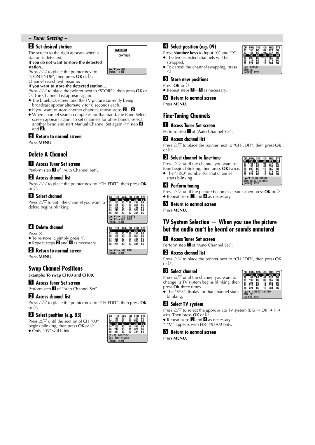 JVC HR-J797AM, HR-J791AM manual Delete a Channel, Fine-Tuning Channels, Swap Channel Positions 