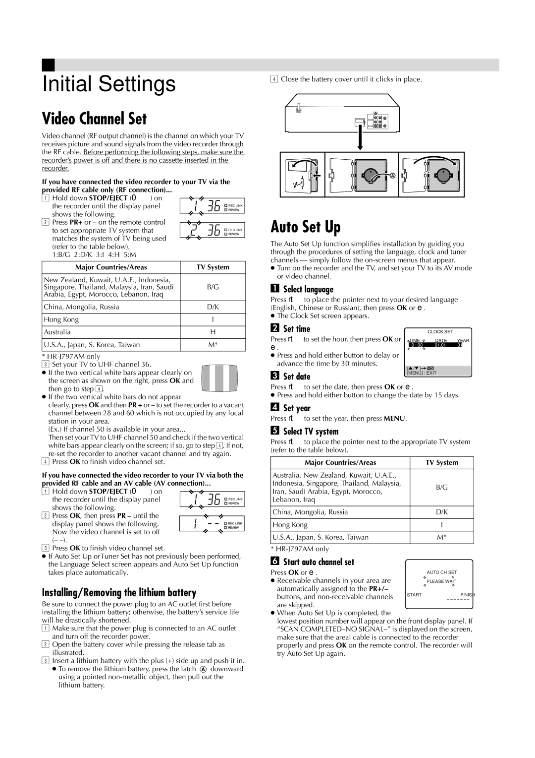 JVC HR-J791AM, HR-J797AM manual Initial Settings, Video Channel Set, Auto Set Up, Installing/Removing the lithium battery 