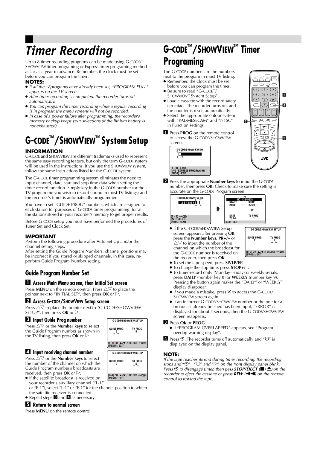 JVC HR-J791AM manual Timer Recording, Guide Program Number Set, Access G-CODE/SHOWVIEWSetup screen, Input Guide Prog number 