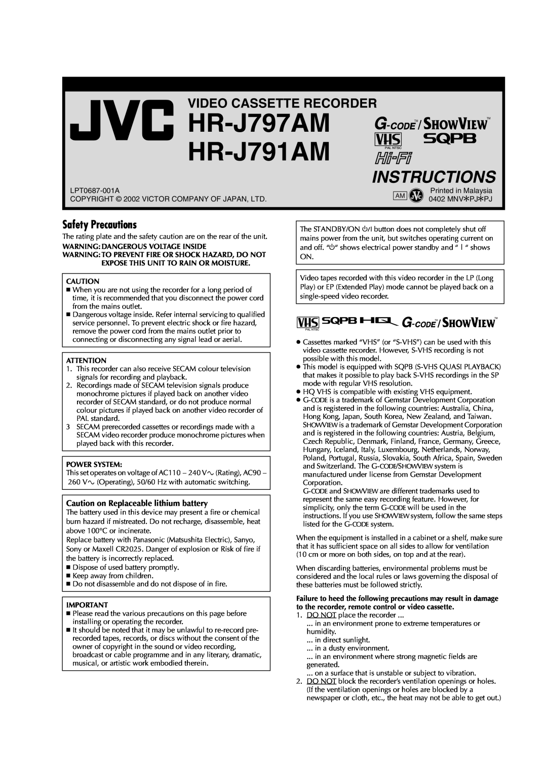 JVC HR-J797AM manual Safety Precautions, Caution on Replaceable lithium battery, Warning Dangerous Voltage Inside 