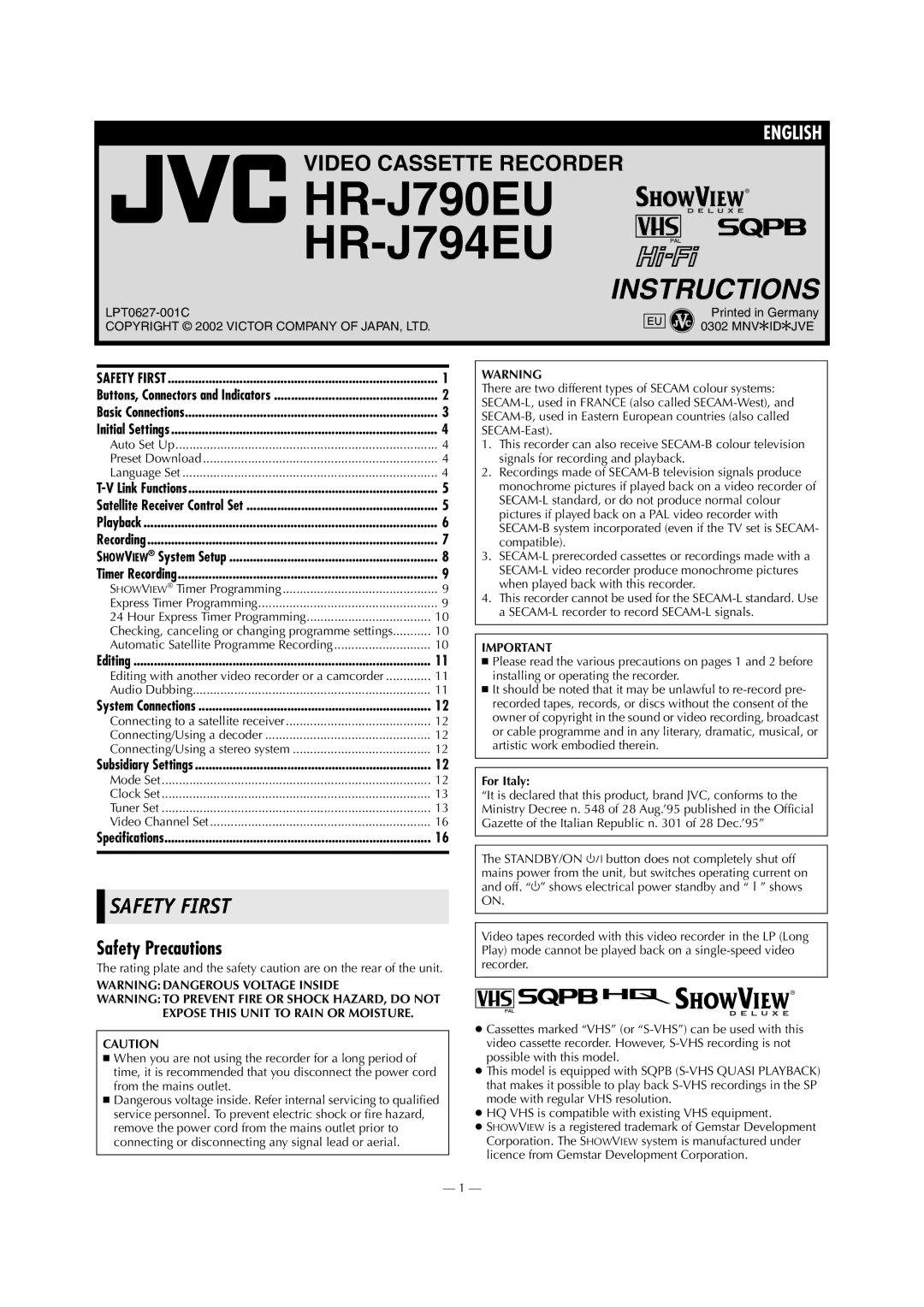 JVC HR-J794EU specifications Safety Precautions, Showview Timer Programming, Audio Dubbing, Mode Set, For Italy 