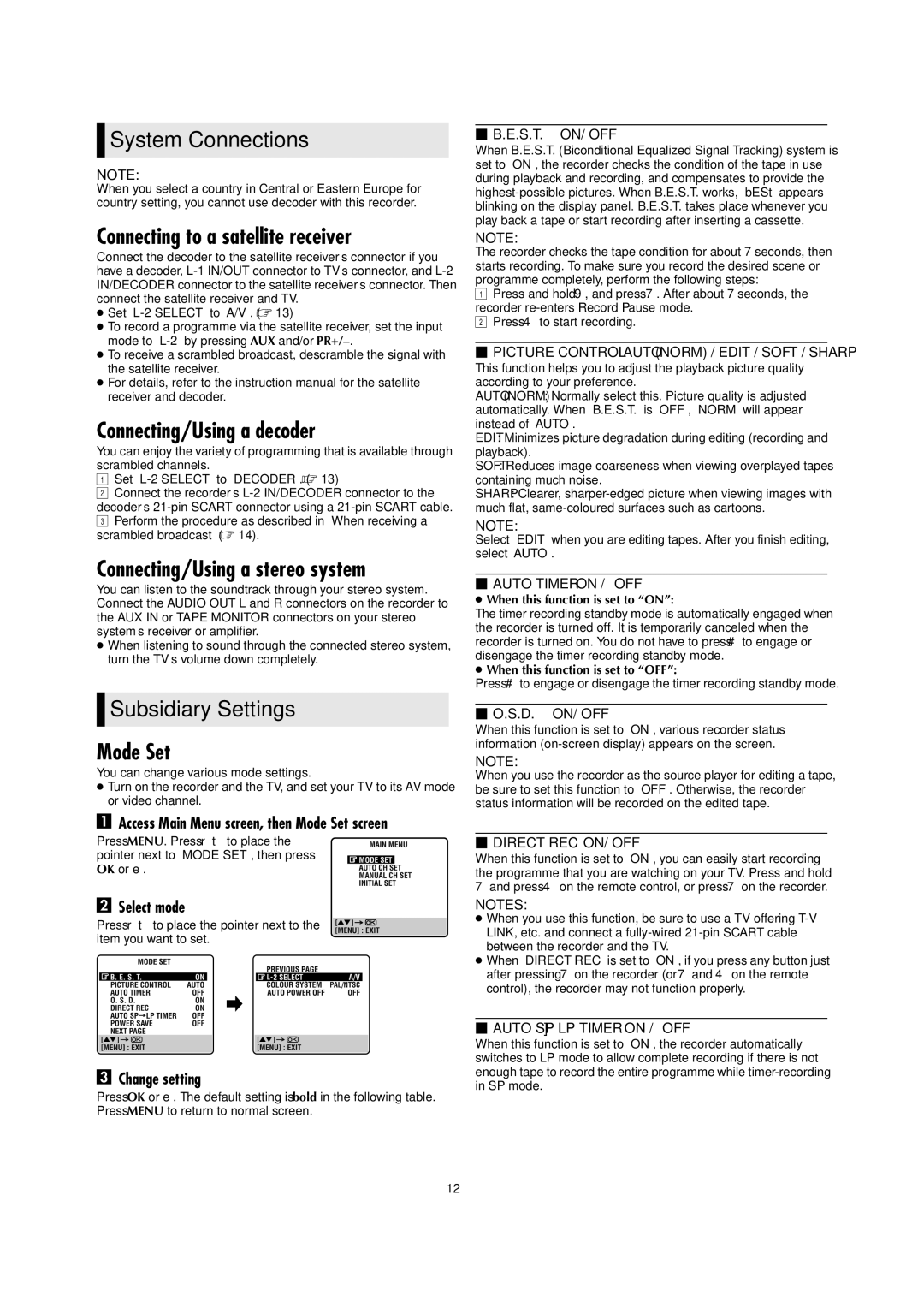 JVC HR-J794EU specifications System Connections, Subsidiary Settings 