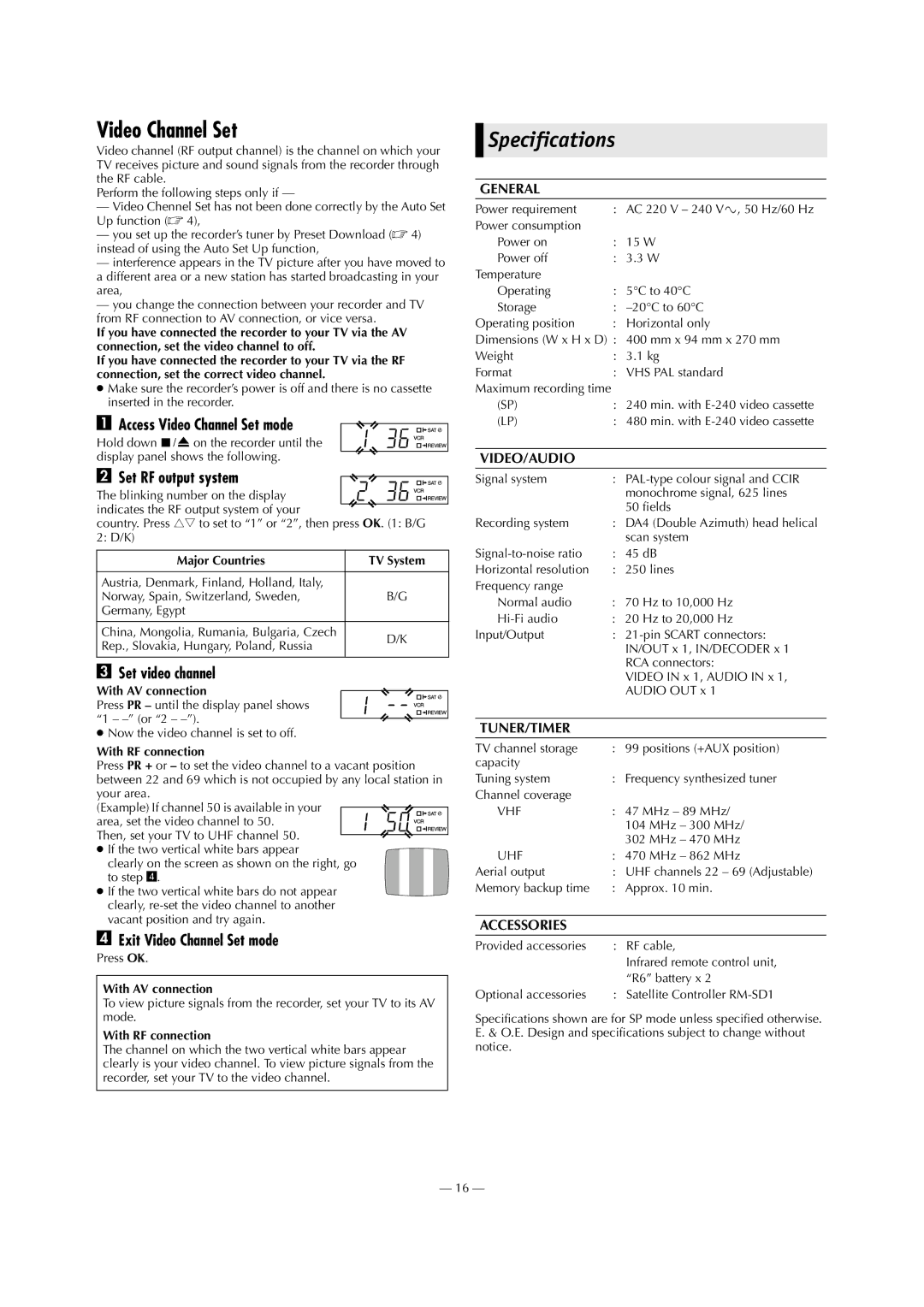 JVC HR-J794EU specifications Video Channel Set, Specifications 