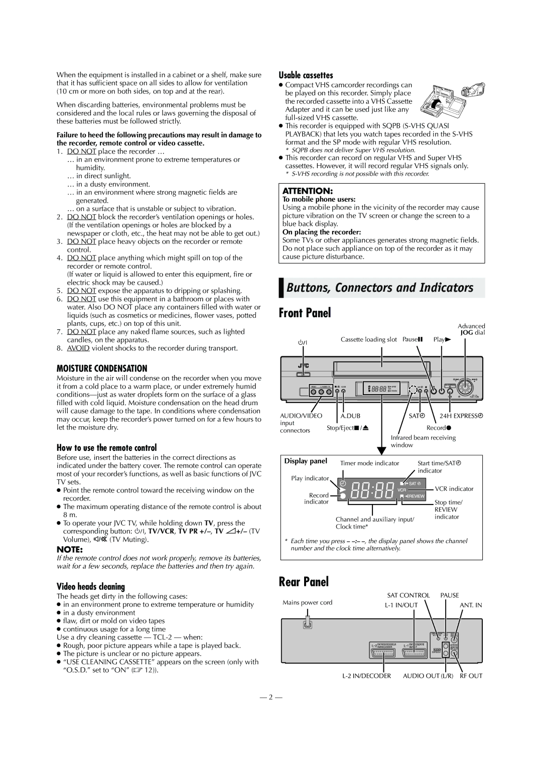 JVC HR-J794EU specifications Front Panel, Rear Panel, How to use the remote control, Video heads cleaning, Usable cassettes 