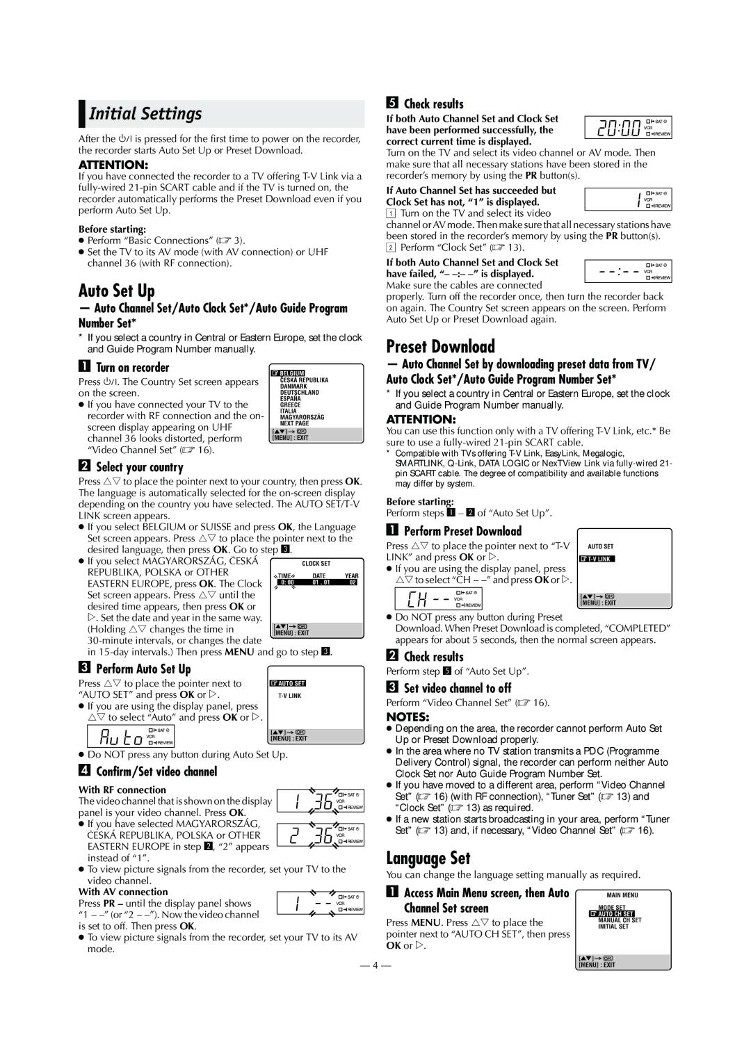 JVC HR-J794EU specifications Initial Settings, Auto Set Up, Preset Download, Language Set 