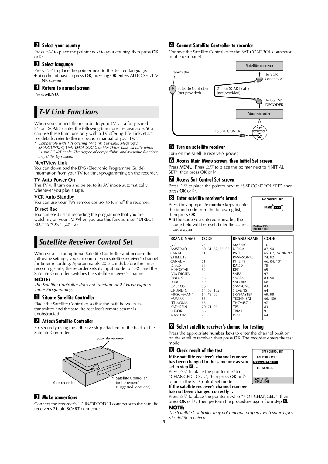 JVC HR-J794EU specifications Link Functions, Satellite Receiver Control Set 