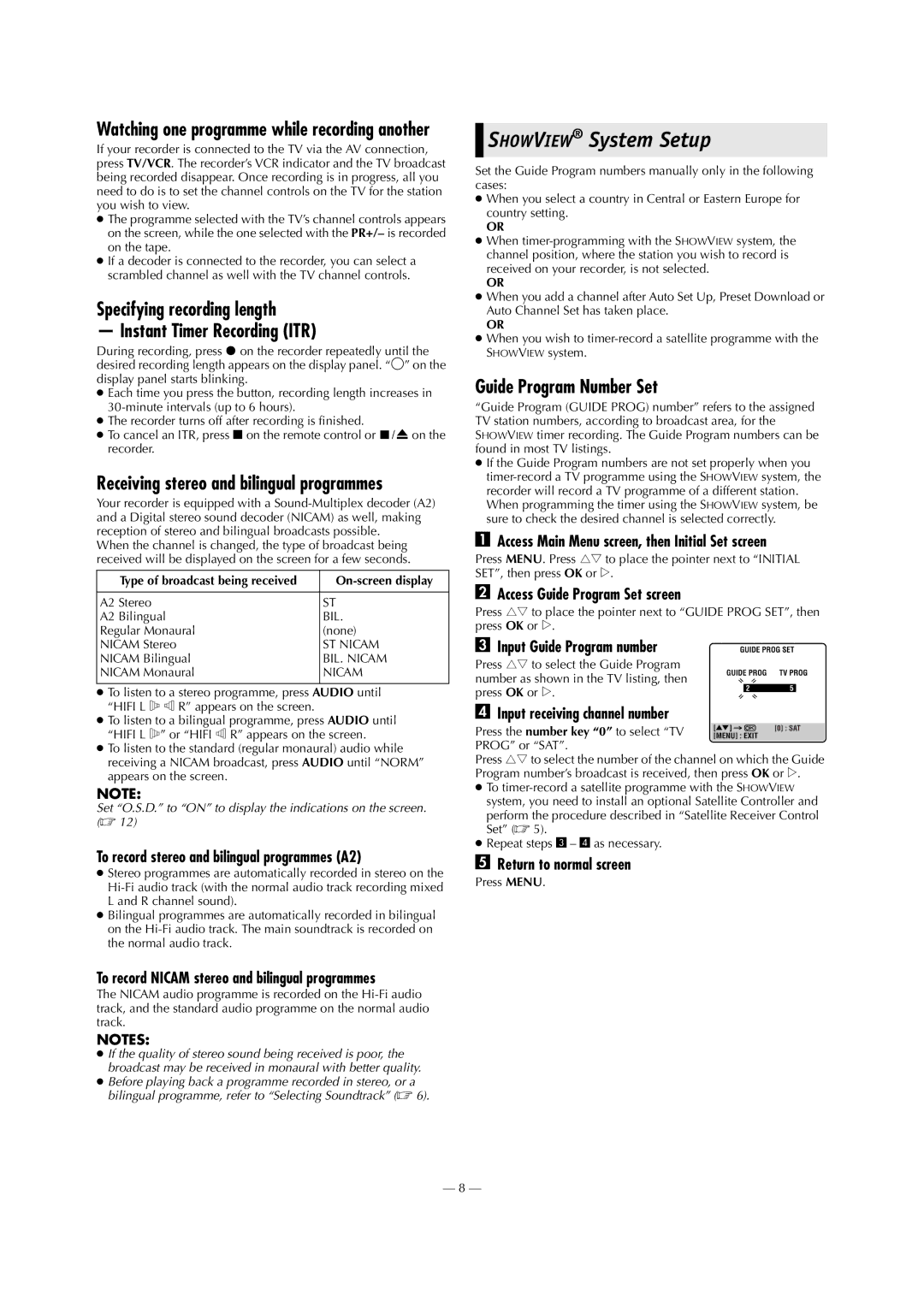 JVC HR-J794EU Showview System Setup, Specifying recording length Instant Timer Recording ITR, Guide Program Number Set 