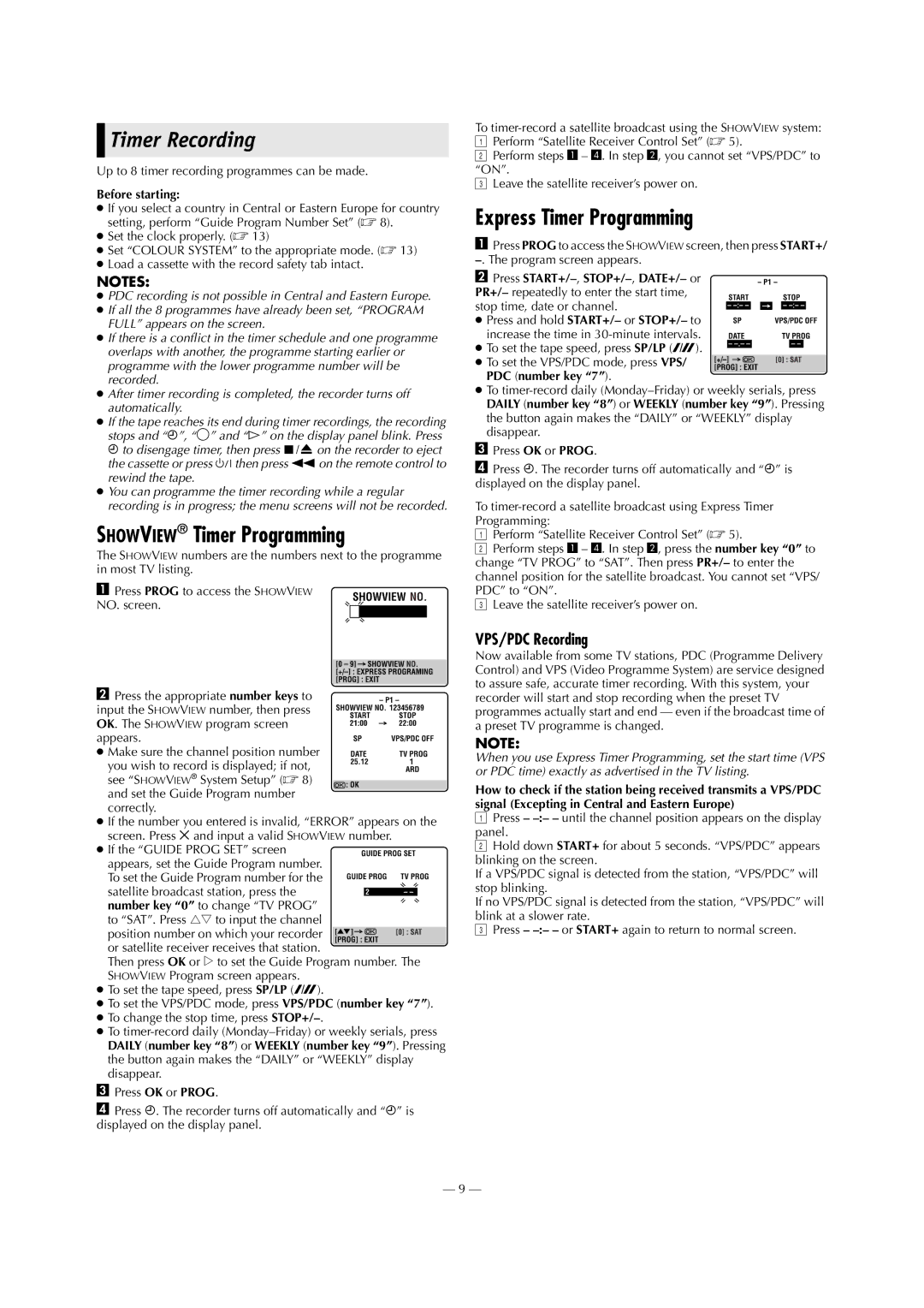 JVC HR-J794EU Timer Recording, Showview Timer Programming, Express Timer Programming, VPS/PDC Recording, PDC number key 