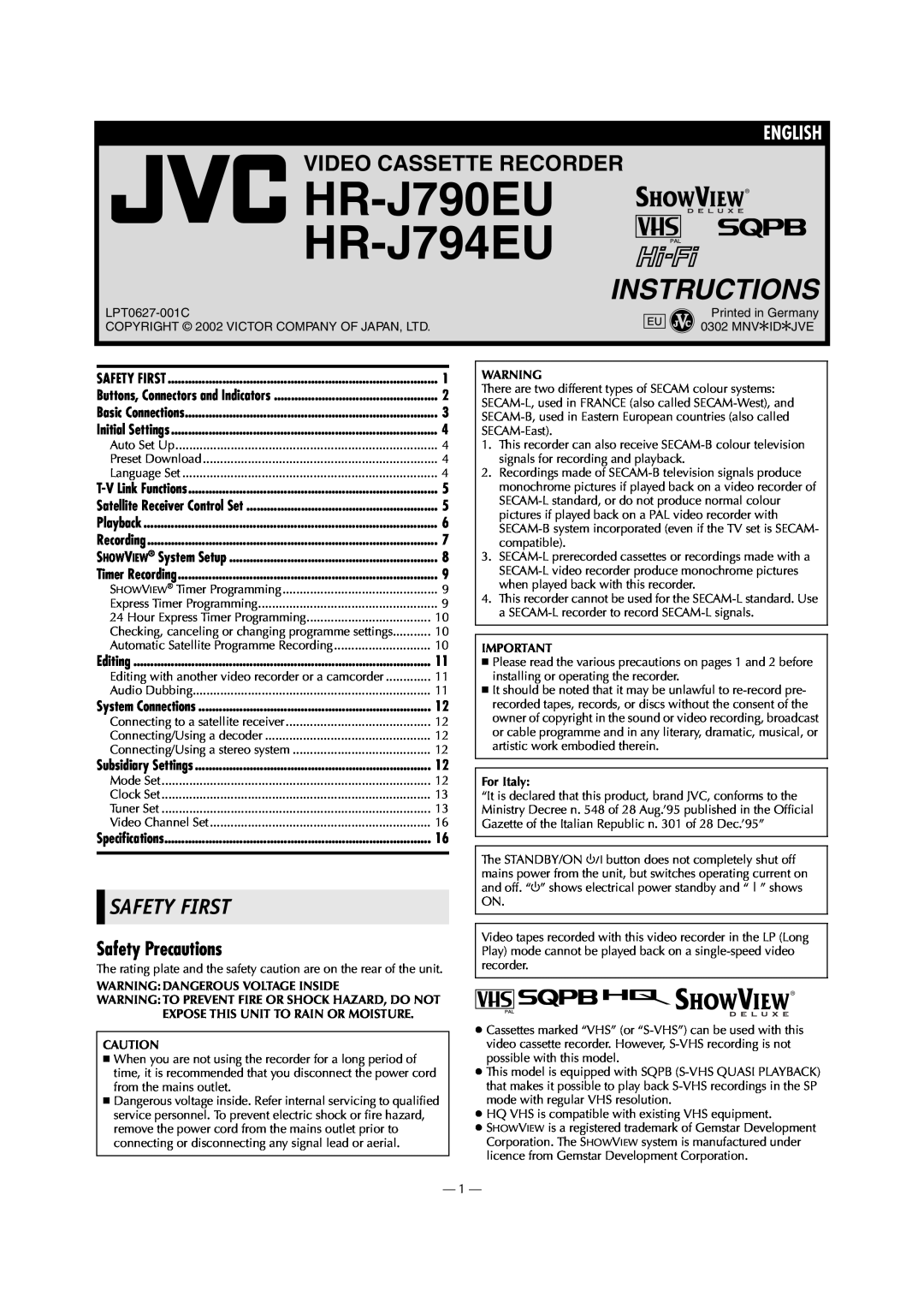 JVC specifications Safety First, Safety Precautions, HR-J790EU HR-J794EU, Instructions, Video Cassette Recorder 