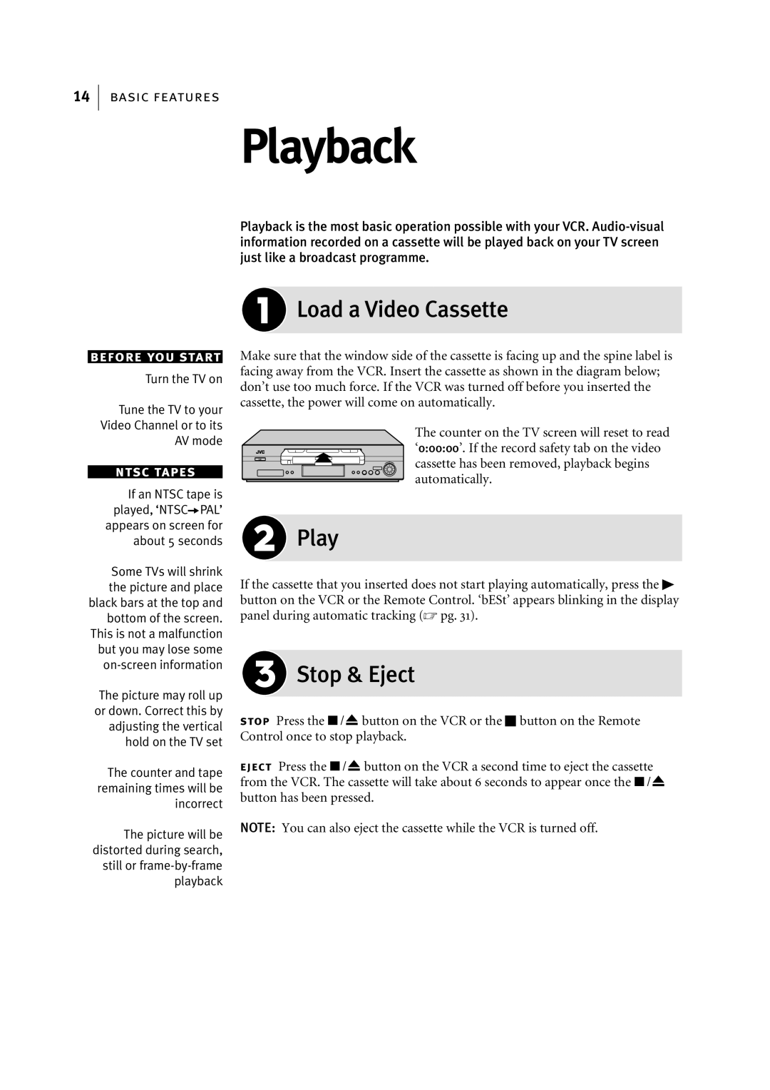 JVC HR-J795EK manual Playback, Load a Video Cassette, Stop & Eject 