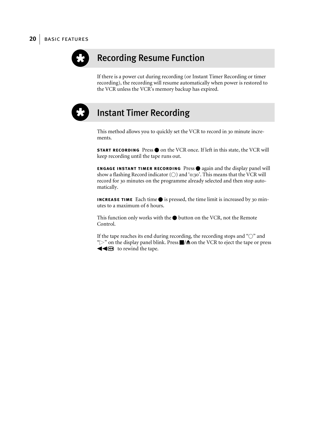 JVC HR-J795EK manual Recording Resume Function, Instant Timer Recording 