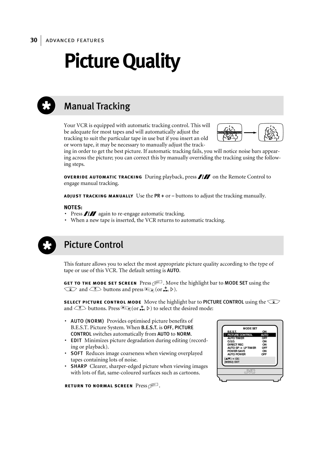 JVC HR-J795EK manual Picture Quality, Manual Tracking, Picture Control 