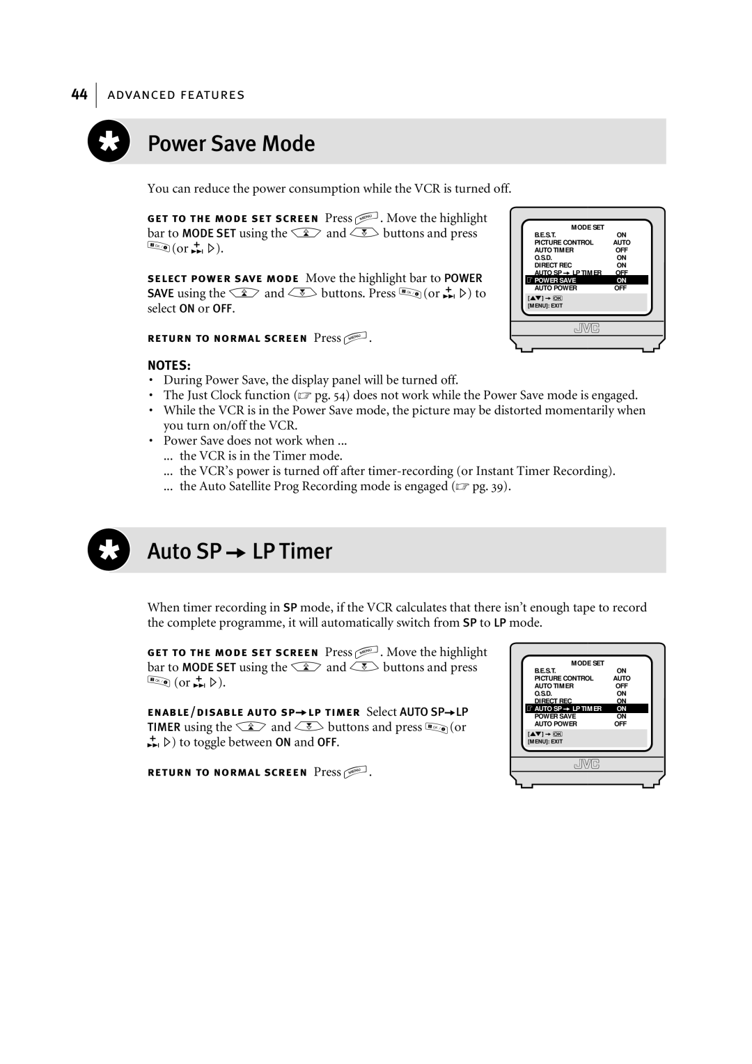 JVC HR-J795EK manual Power Save Mode, Auto SP aLP Timer 