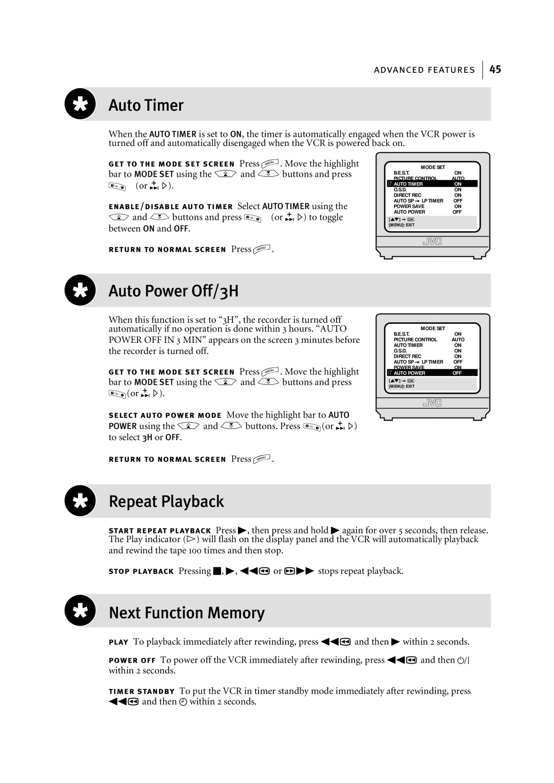 JVC HR-J795EK manual Auto Timer, Auto Power Off/3H, Repeat Playback, Next Function Memory 