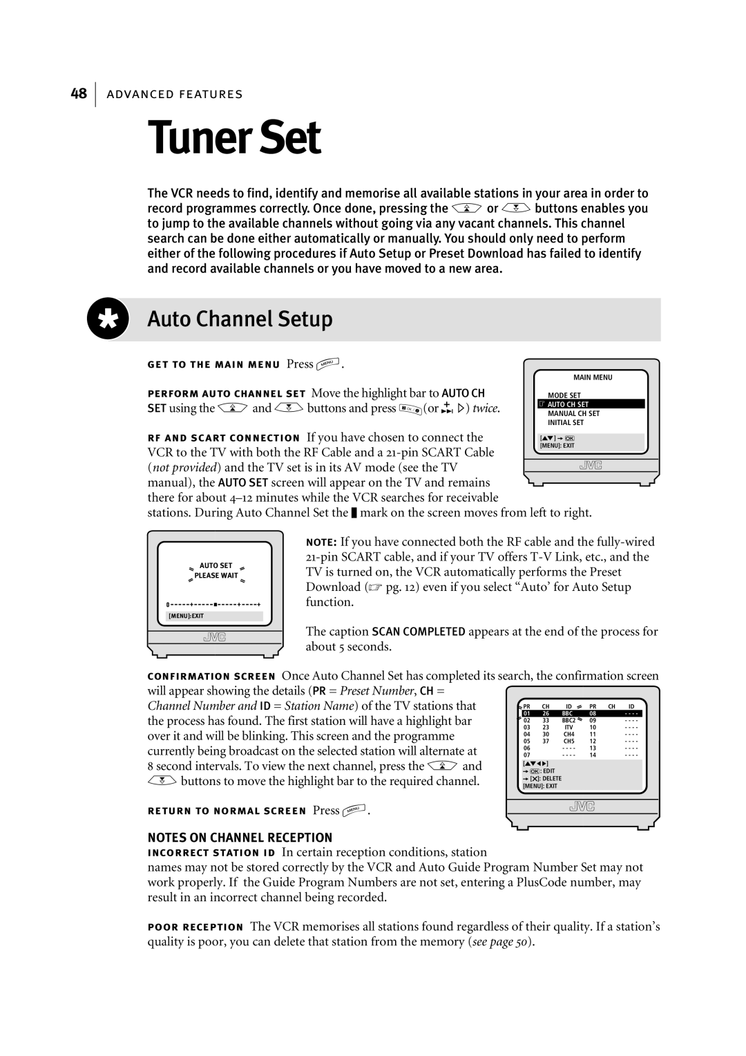 JVC HR-J795EK manual Tuner Set, Auto Channel Setup, Perform auto channel set Move the highlight bar to Auto CH 