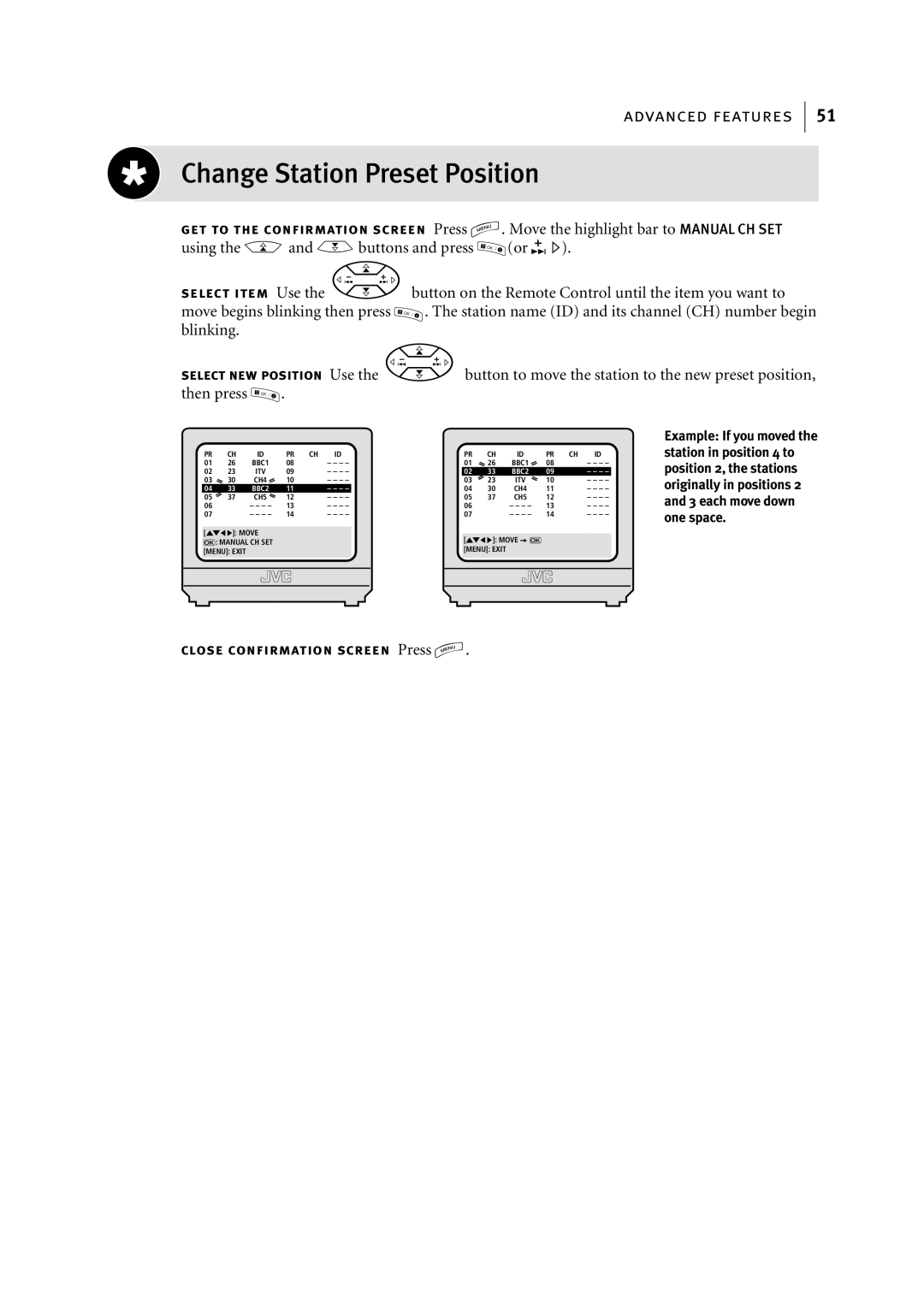 JVC HR-J795EK manual Change Station Preset Position, Button on the Remote Control until the item you want to, Then press 