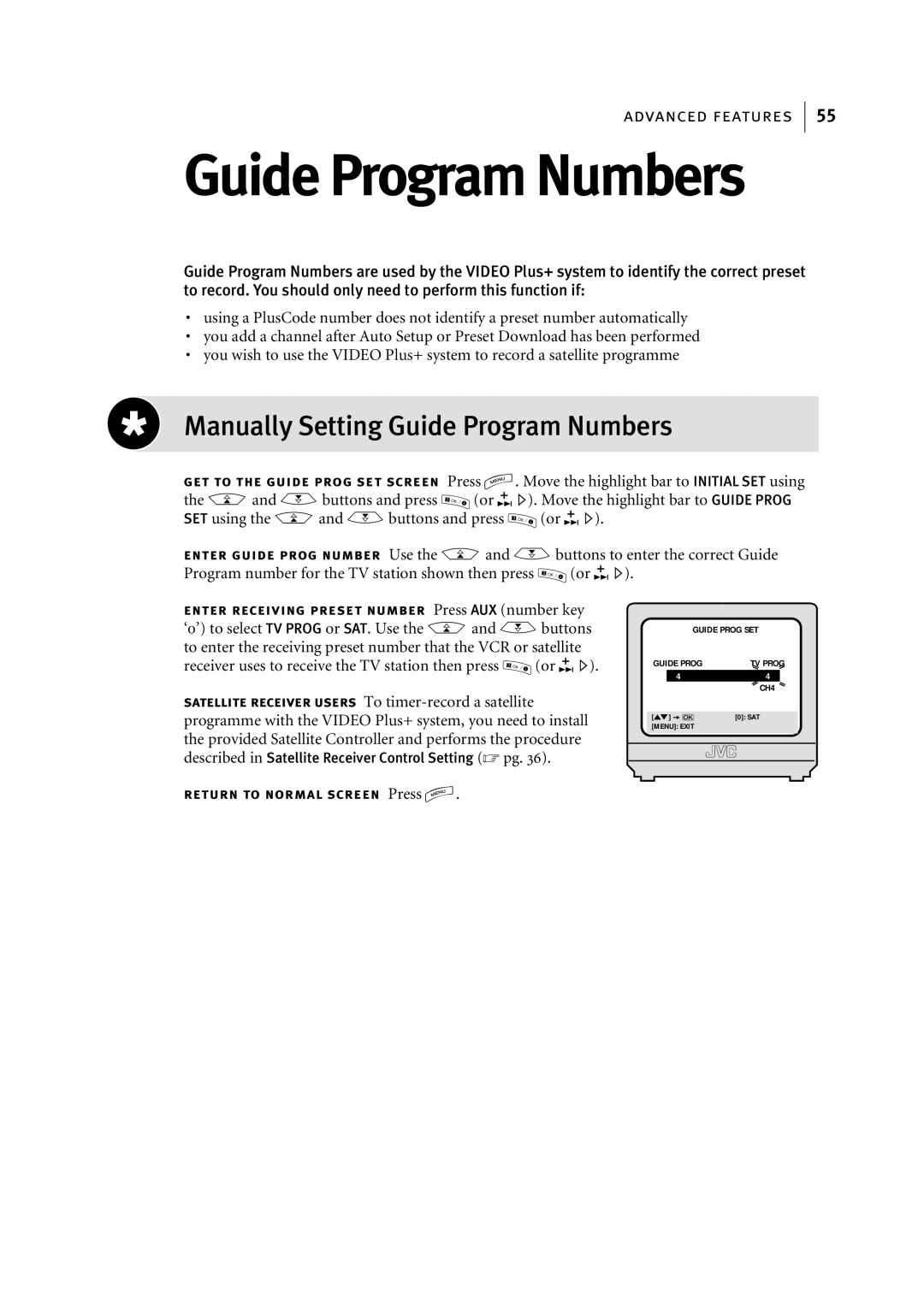 JVC HR-J795EK manual Manually Setting Guide Program Numbers 