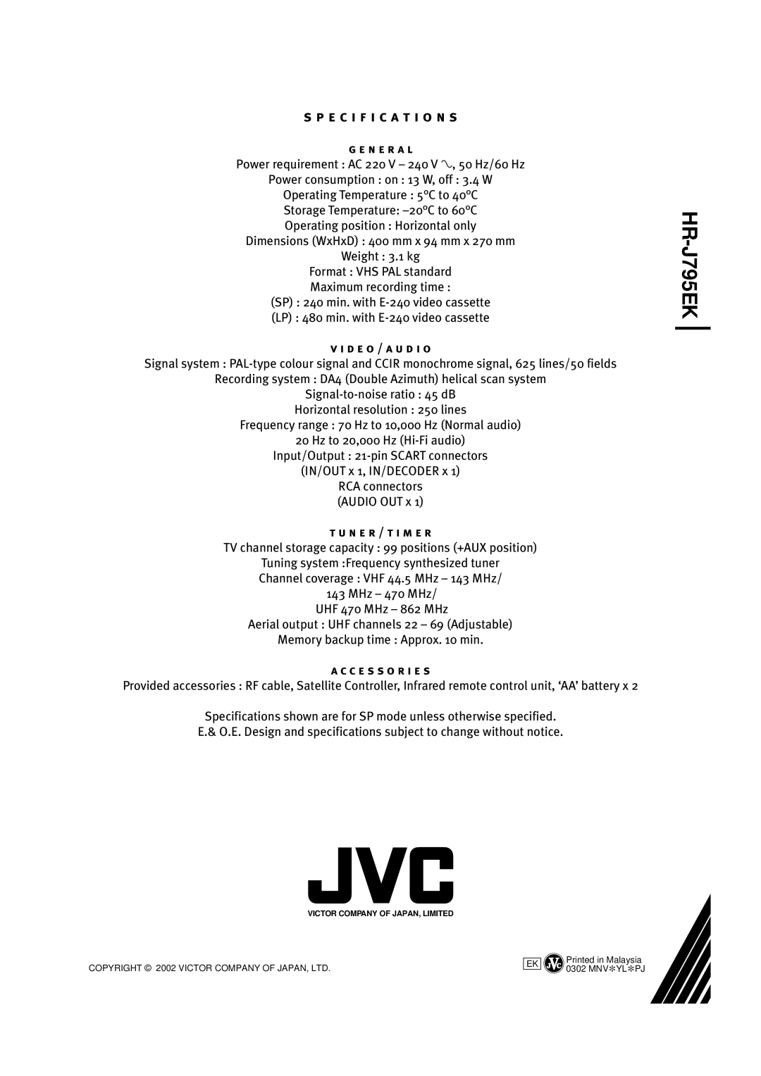 JVC HR-J795EK manual 