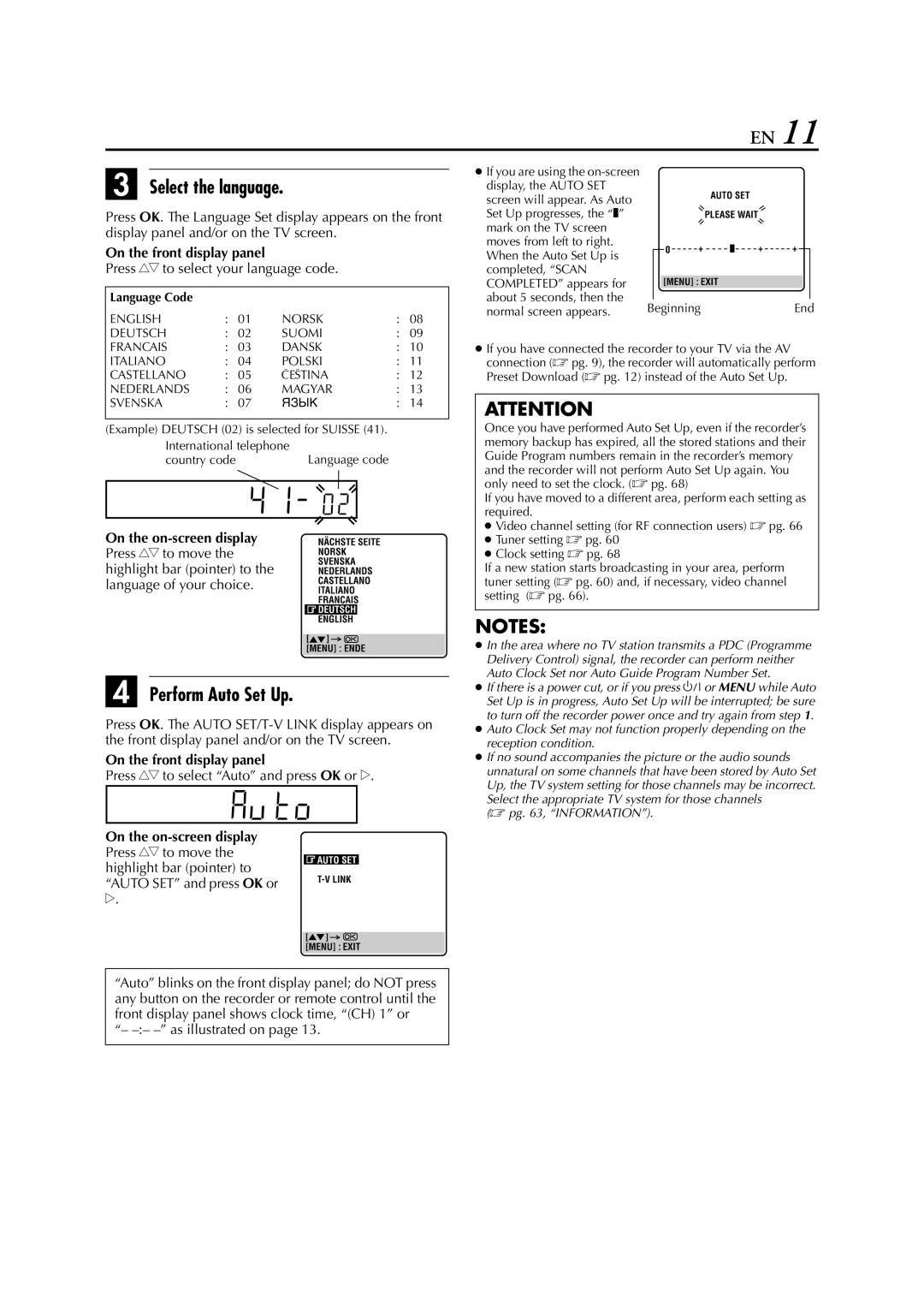 JVC HR-J870EU Select the language, Perform Auto Set Up, Press rt to select your language code, As illustrated on 