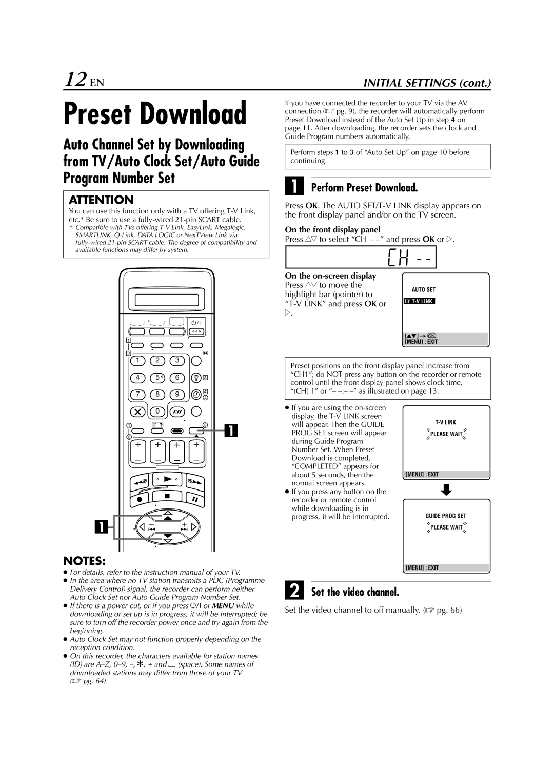 JVC HR-J870EU 12 EN, Perform Preset Download, Set the video channel, Press rt to select CH - and press OK or e 