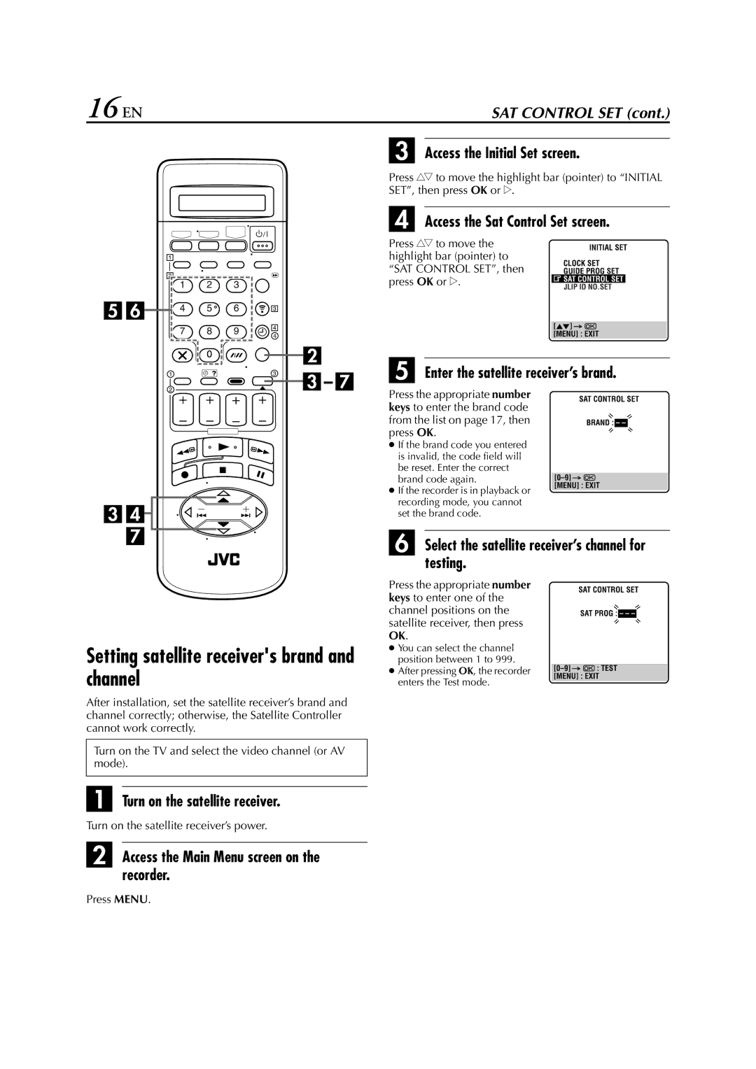 JVC HR-J870EU specifications 16 EN, Setting satellite receivers brand and channel 