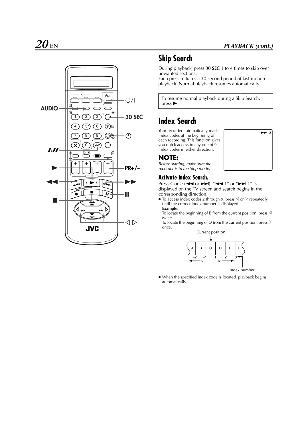 JVC HR-J870EU specifications 20 EN, Activate Index Search, To resume normal playback during a Skip Search, press 