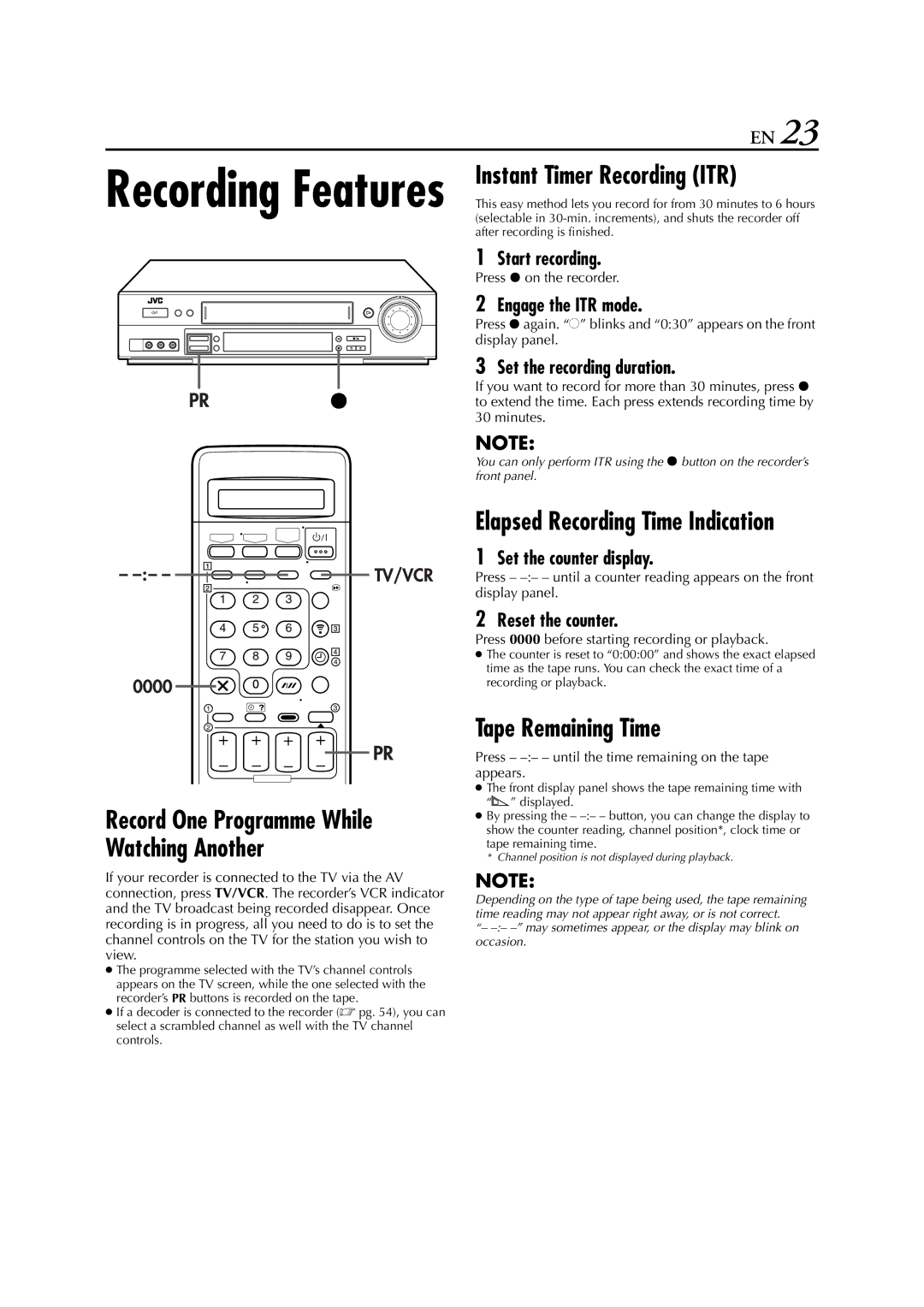 JVC HR-J870EU specifications Instant Timer Recording ITR, Tape Remaining Time 